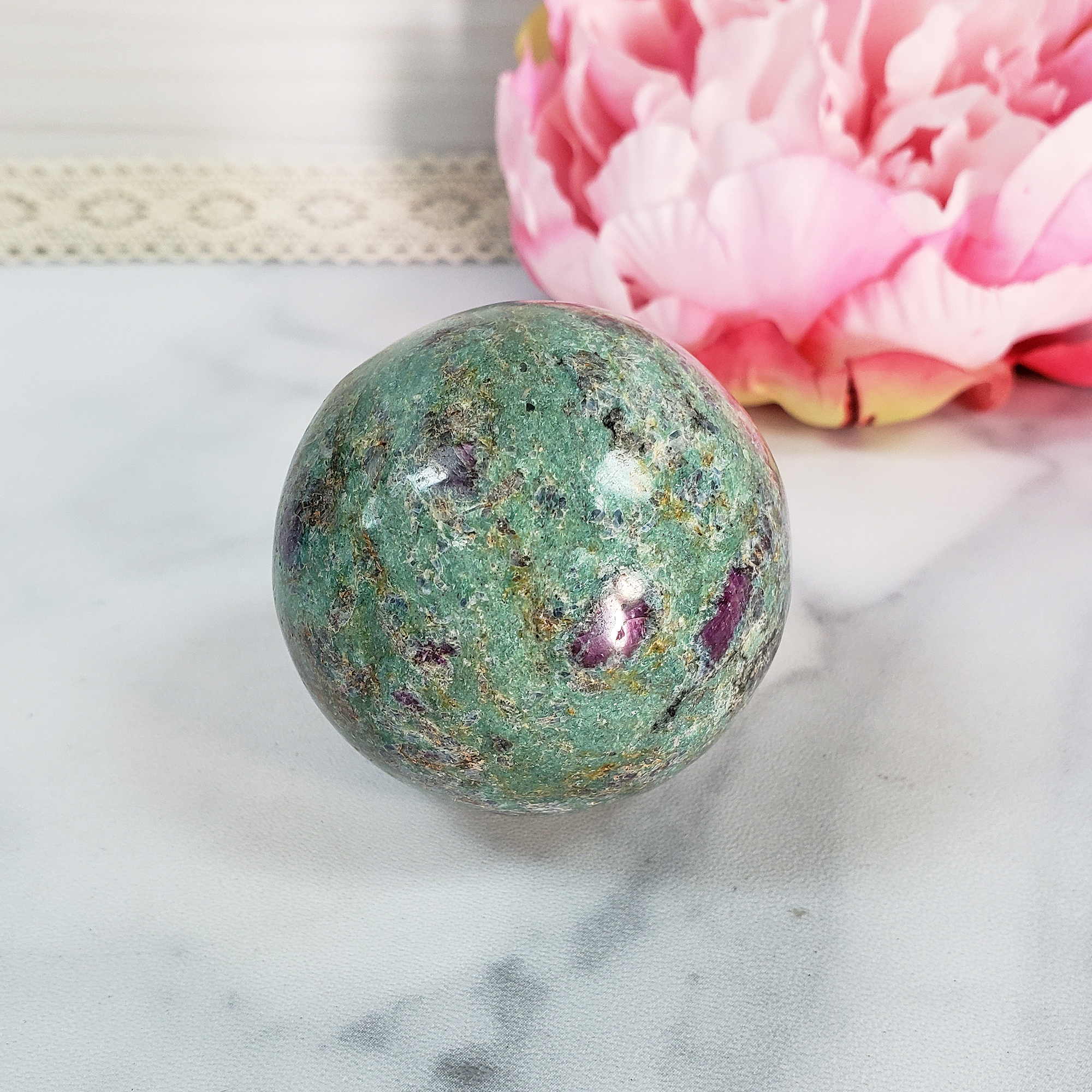 Unique Ruby Fuchsite Crystal Sphere Natural Gemstone Orb | 50mm | Mnemosyne - 7