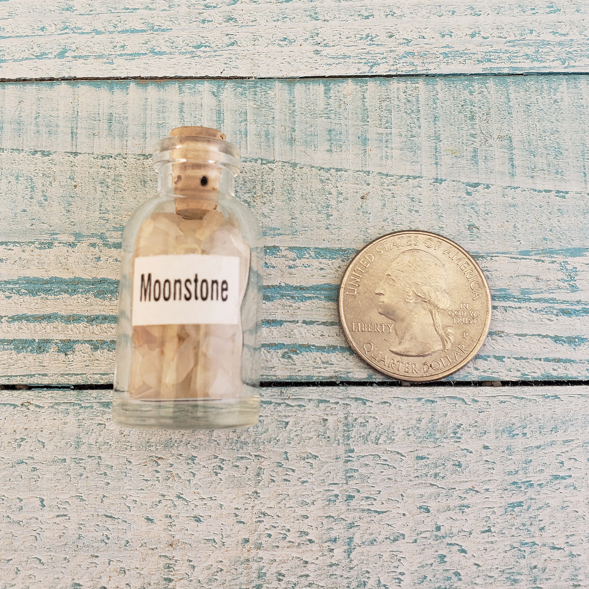 Moonstone Natural Crystal Chips Bottle - One Bottle - Size Comparison