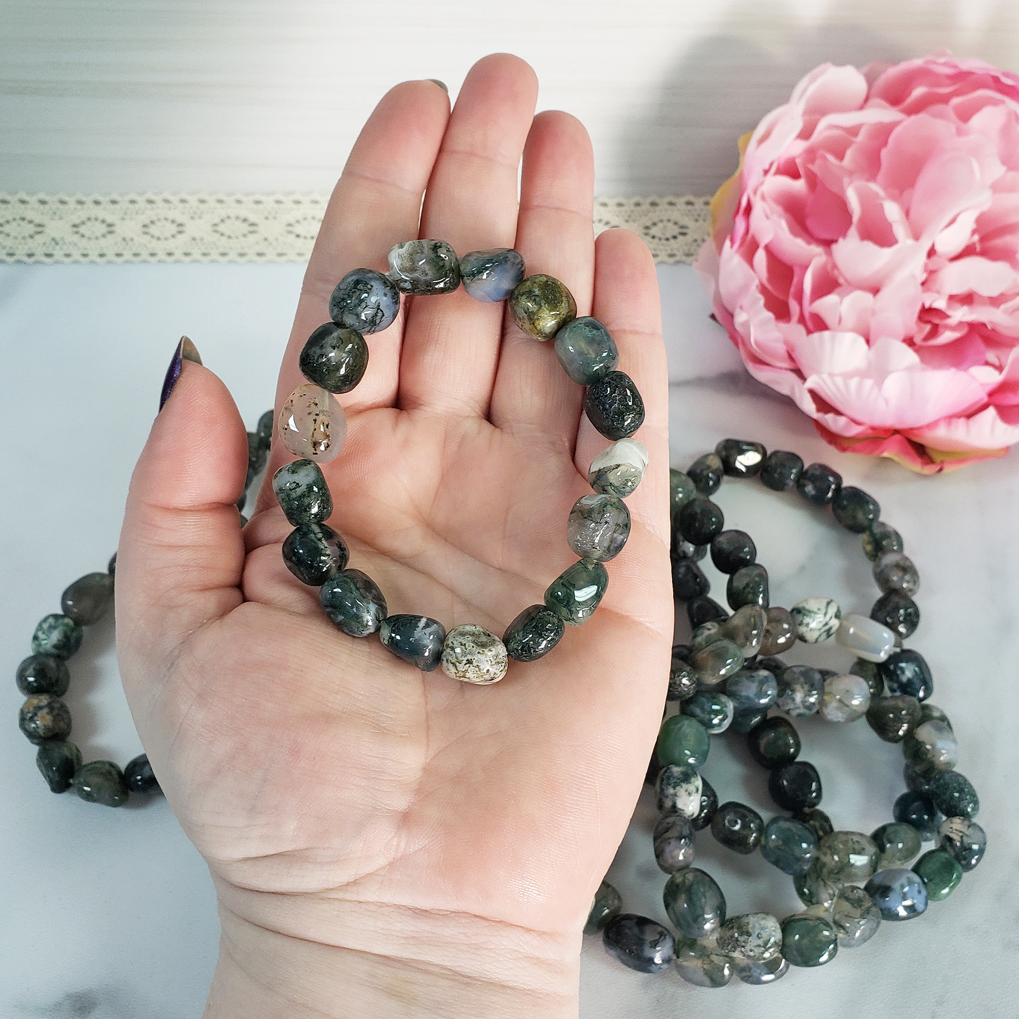 Moss Agate Crystal Natural Gemstone Nugget Bead Bracelet - 4