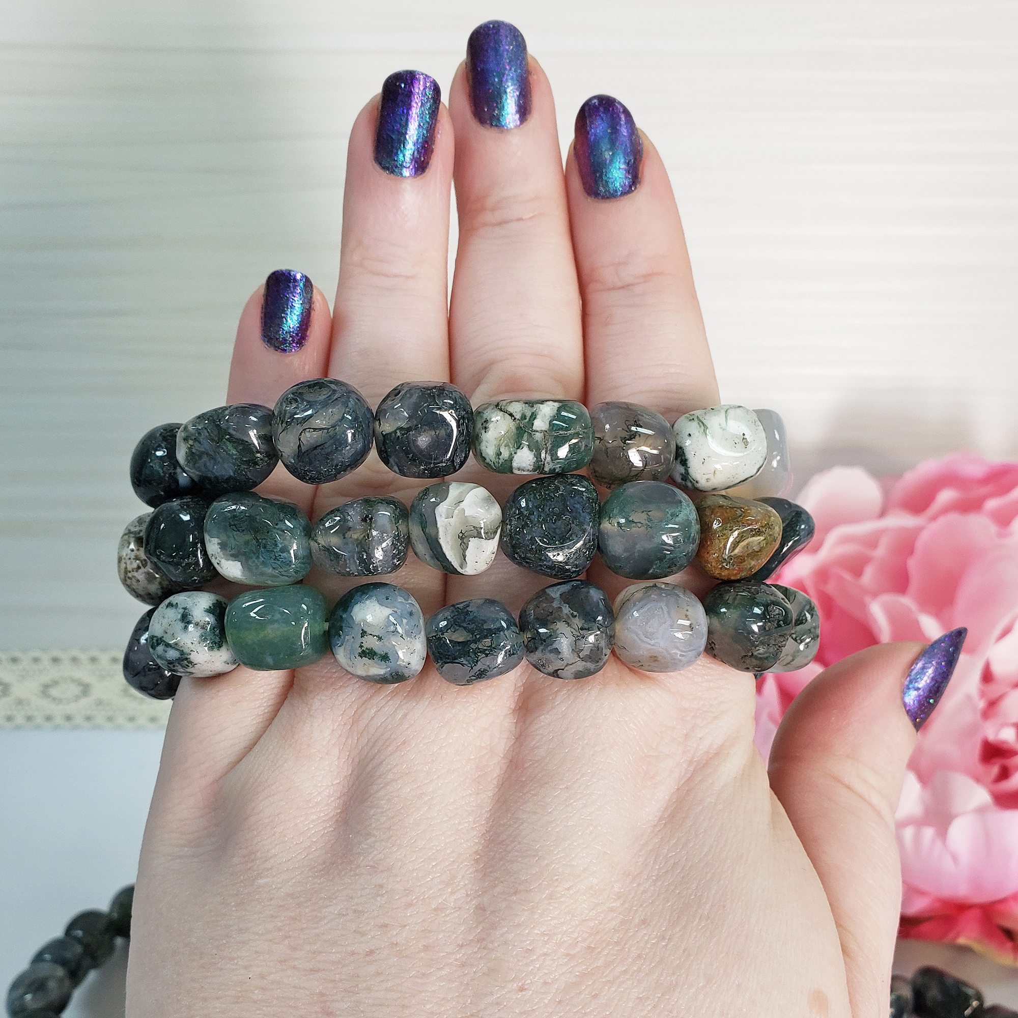 Moss Agate Crystal Natural Gemstone Nugget Bead Bracelet - 3