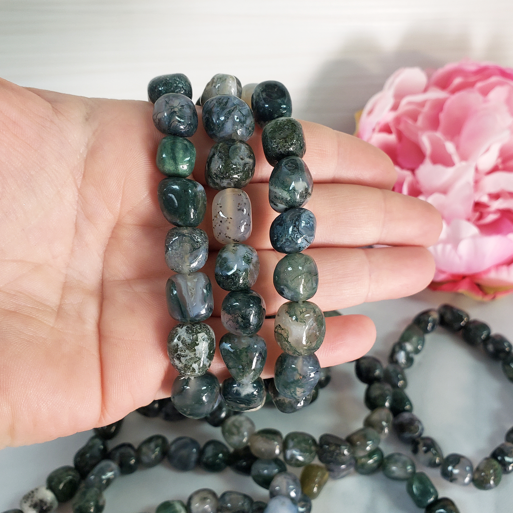 Moss Agate Crystal Natural Gemstone Nugget Bead Bracelet - 1