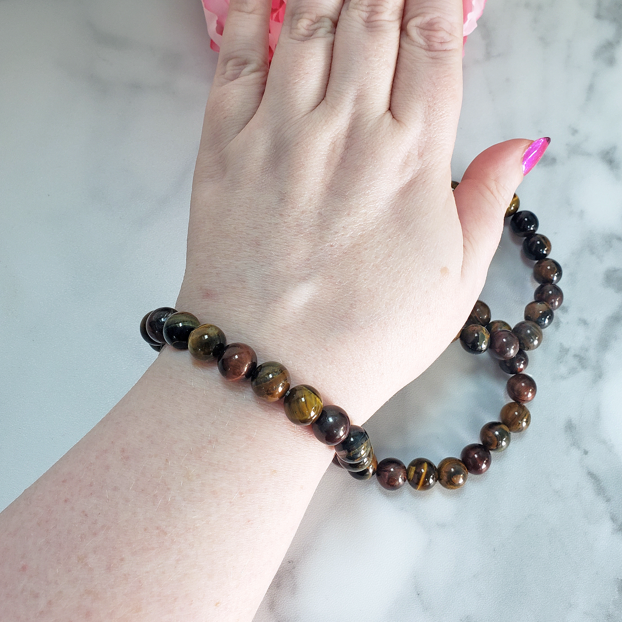 Multi Tigers Eye Crystal Natural Gemstone 10mm Bead Bracelet - On Wrist