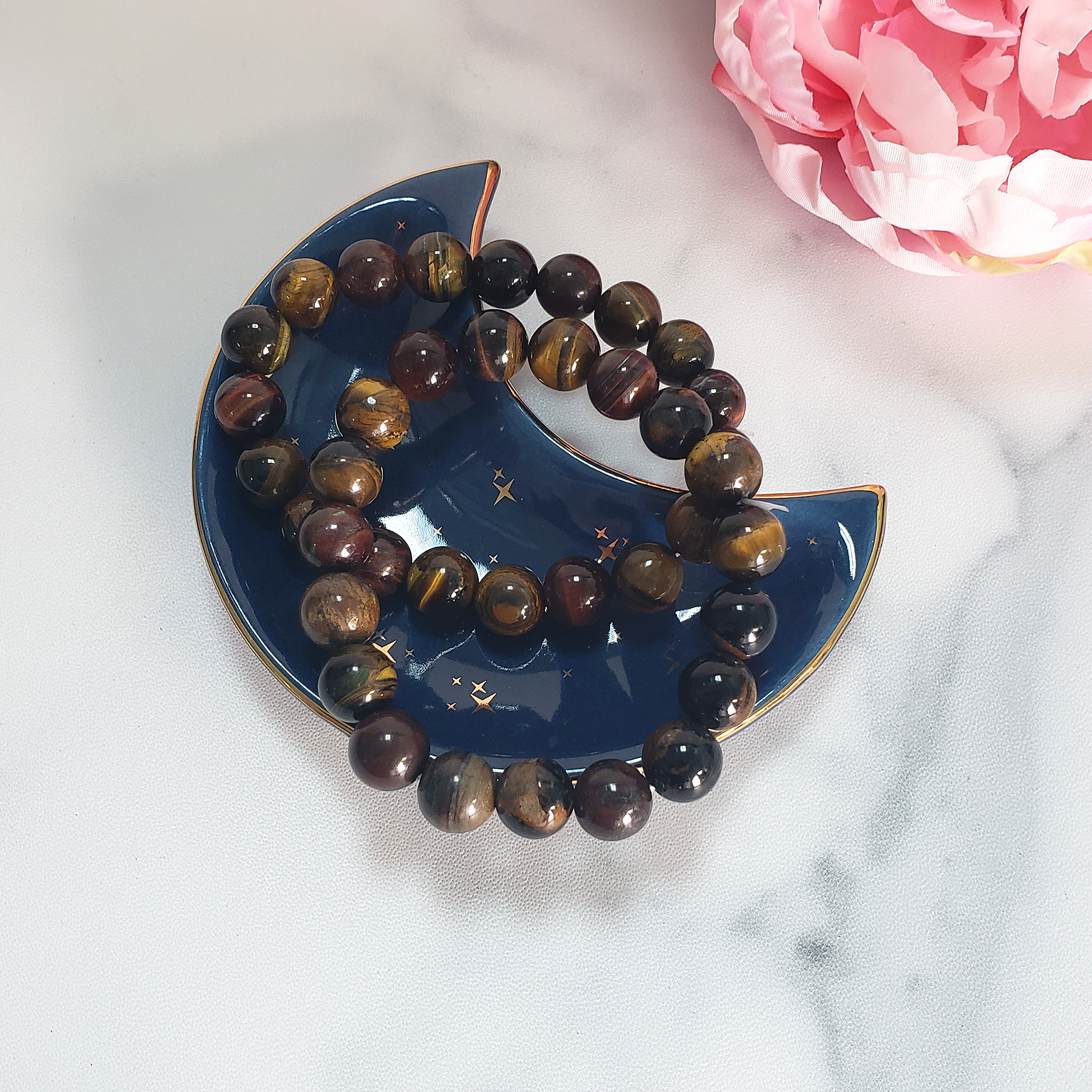 Multi Tigers Eye Crystal Natural Gemstone 10mm Bead Bracelet - In Jewelry Dish