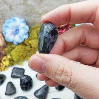 merlinite indigo gabbro stone between fingers