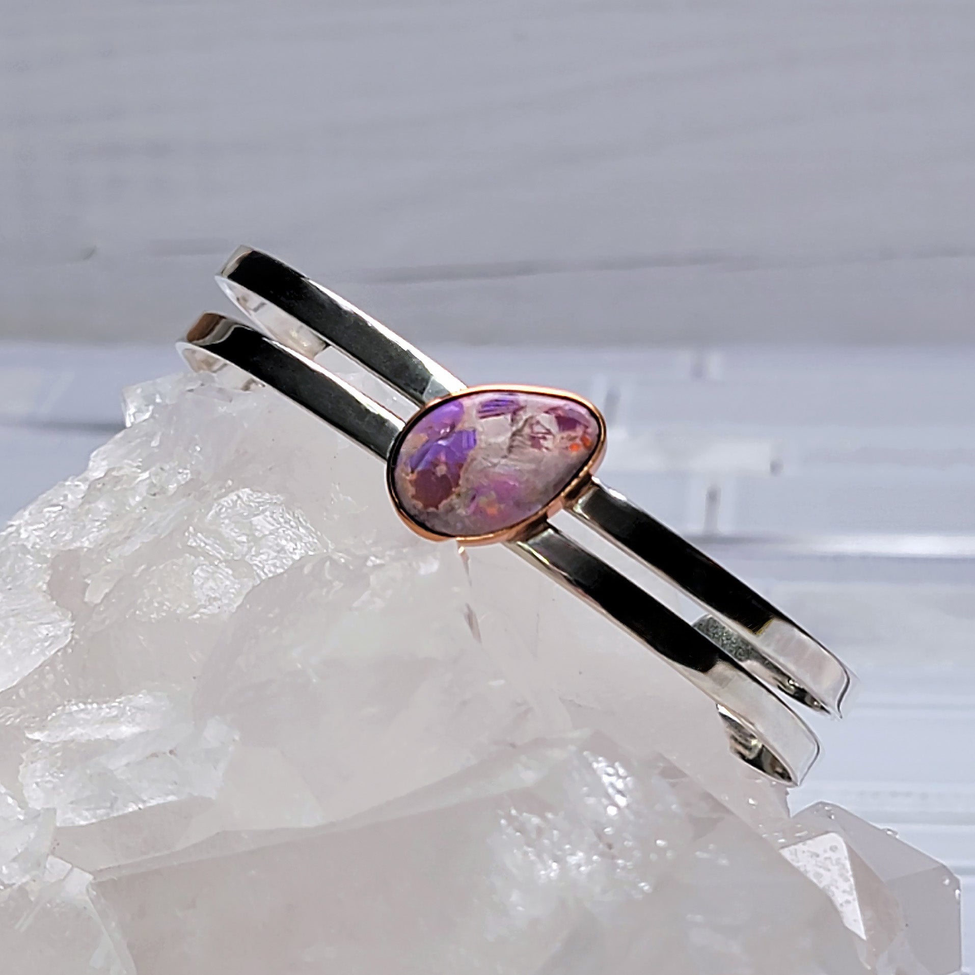 Natural Cantera Mexican Pink Purple Opal Sterling Silver & Copper Bracelet