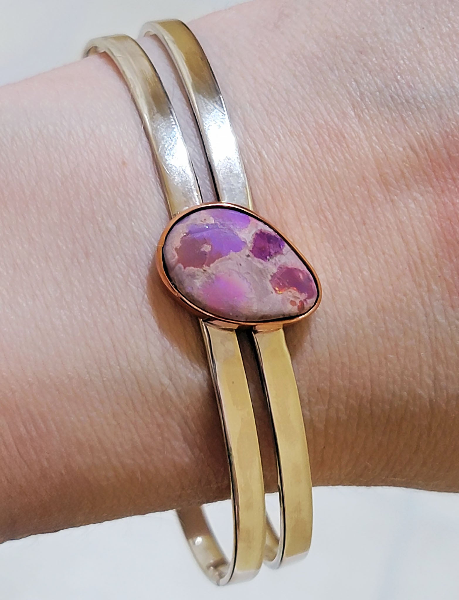 Natural Cantera Mexican Pink Purple Opal Sterling Silver & Copper Bracelet