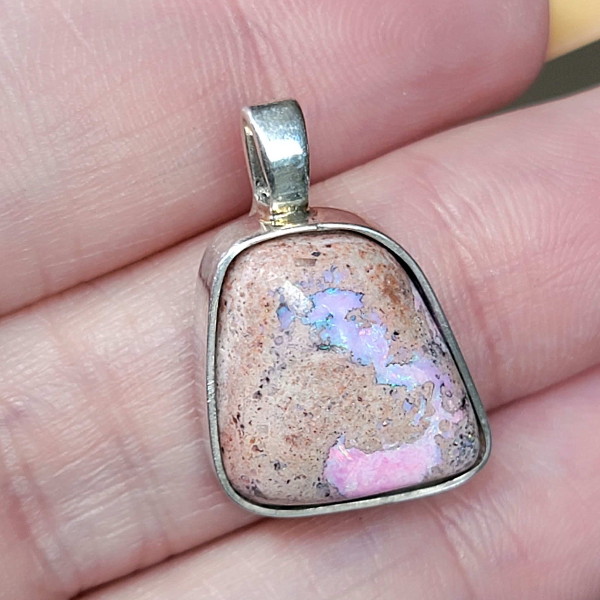 Sterling outlet silver magic bottle pendant - Pink lab-created fire opal irregular stones - Small locket cage - Unique handcrafted jewelry