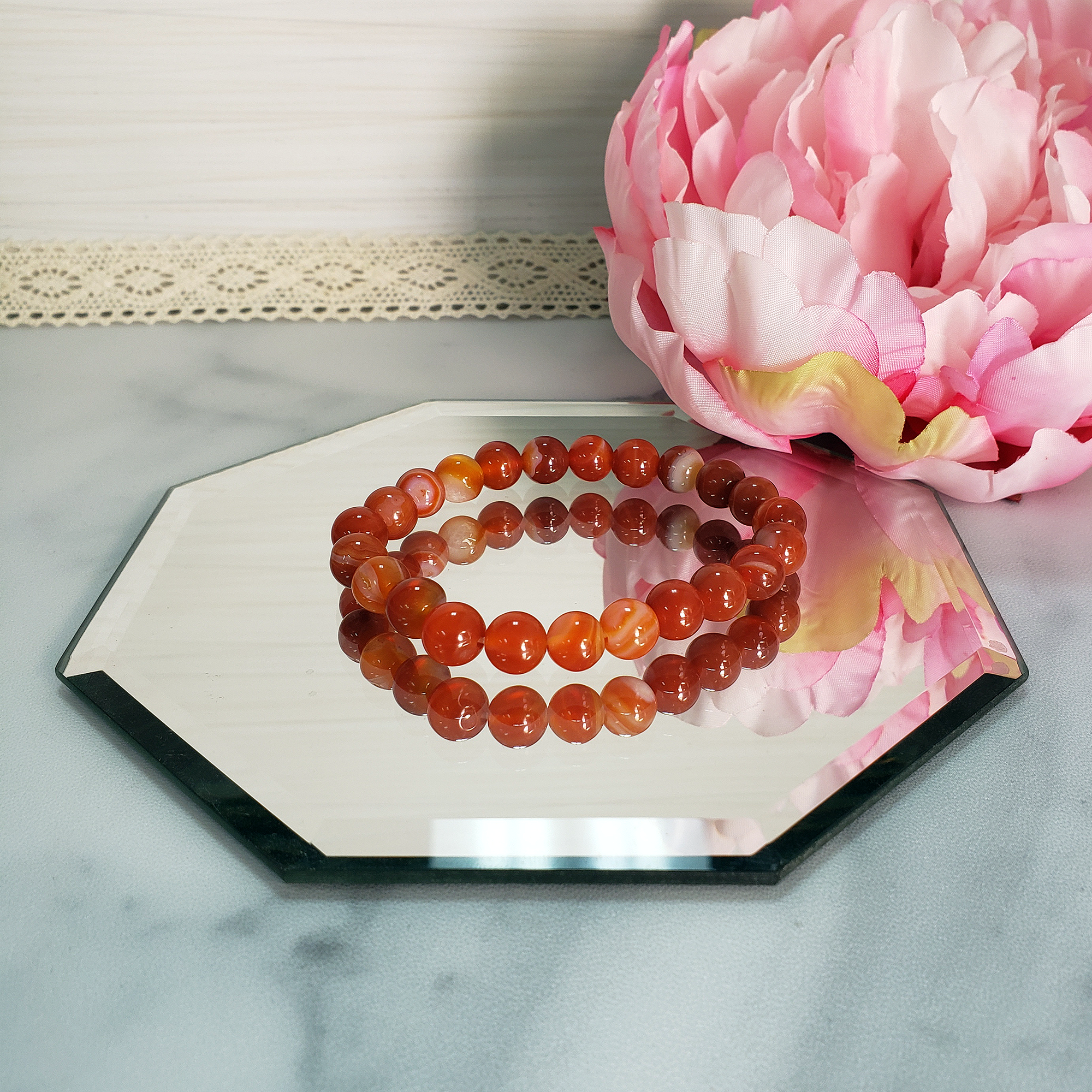 Natural Red Agate Crystal 7-8mm Bead Bracelet - On Mirror