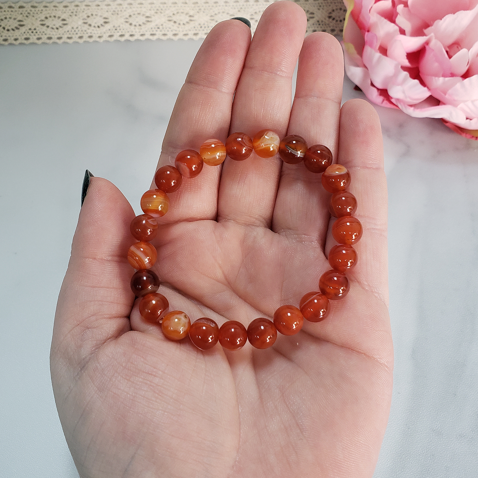 Natural Red Agate Crystal 7-8mm Bead Bracelet - In Hand