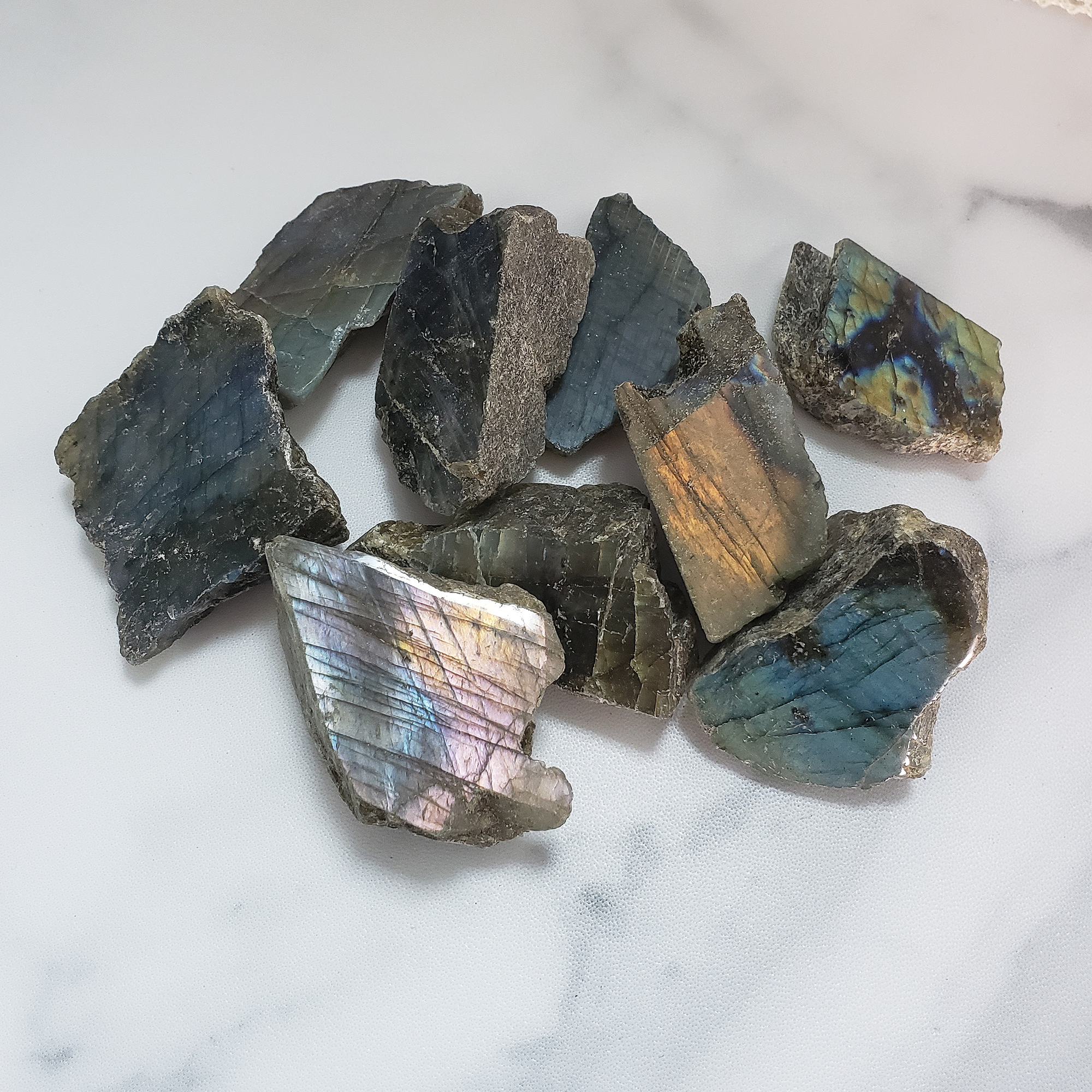 Flashy Labradorite Natural Crystal Rough Slice Slab - Multiple Sizes! - Labradorite Stones on Tile