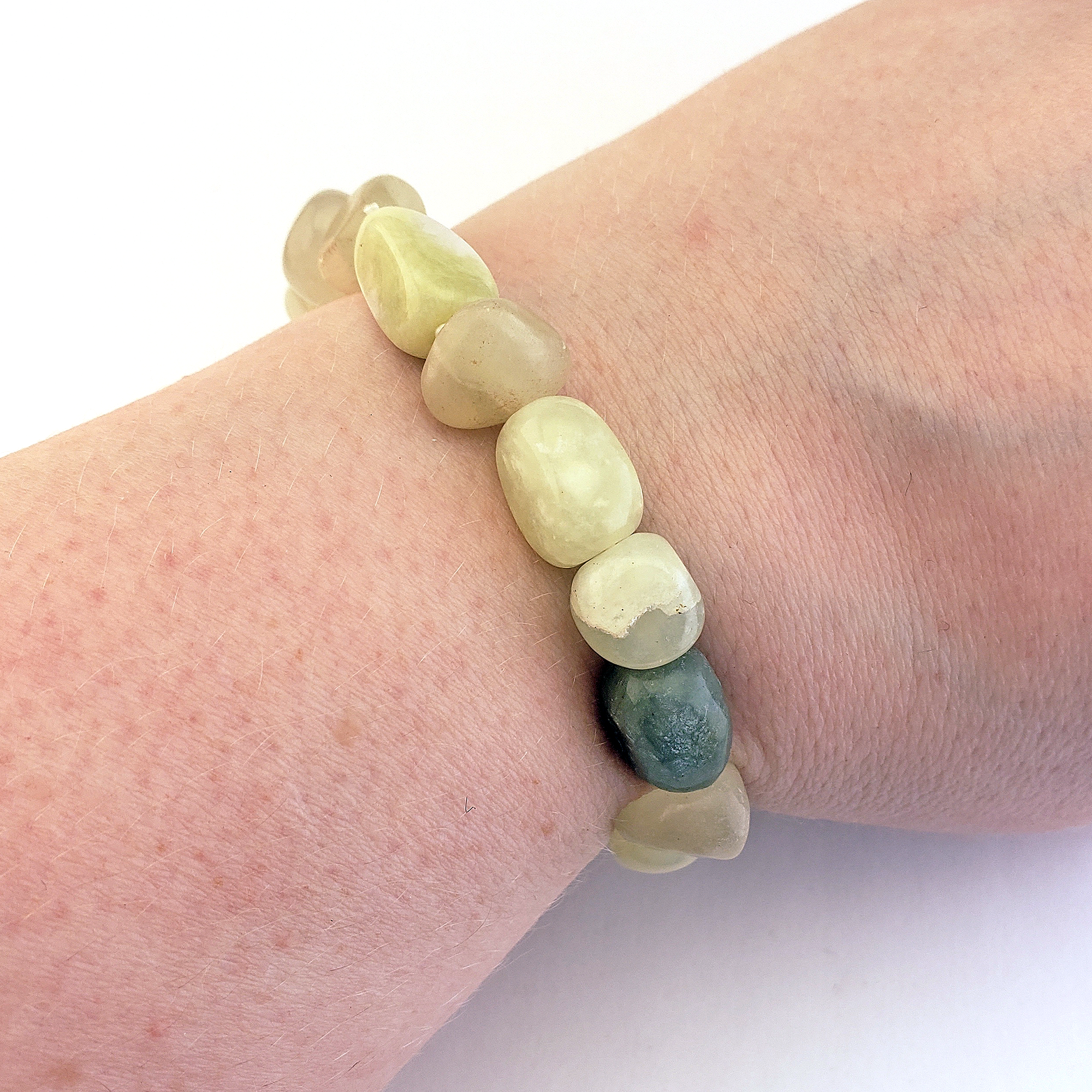New Jade Serpentine Gemstone Nugget Polished Bracelet - On Wrist