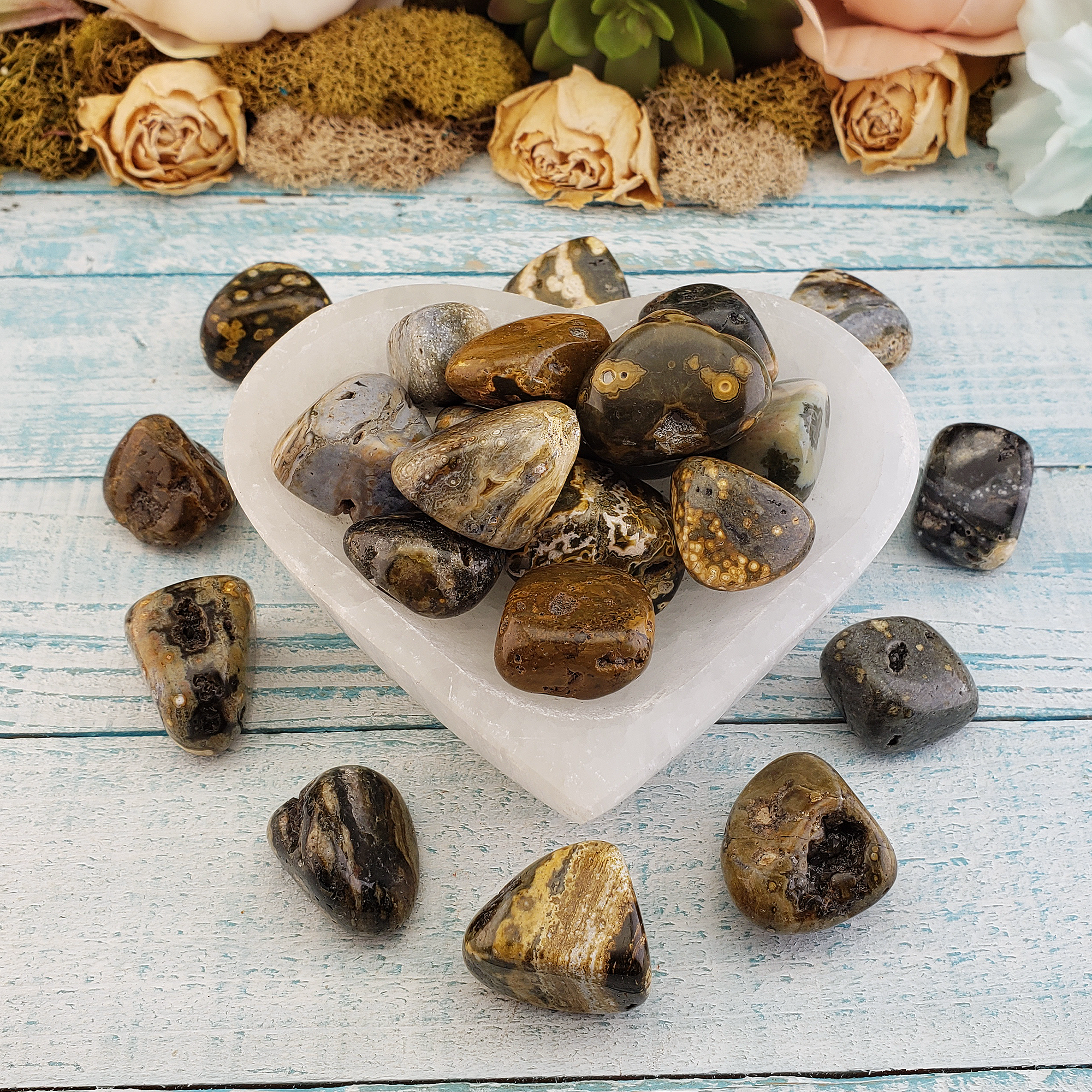 Ocean Jasper Natural Tumbled Stone - Rounded One Stone - Selenite Bowl Full of Orbicular Jasper