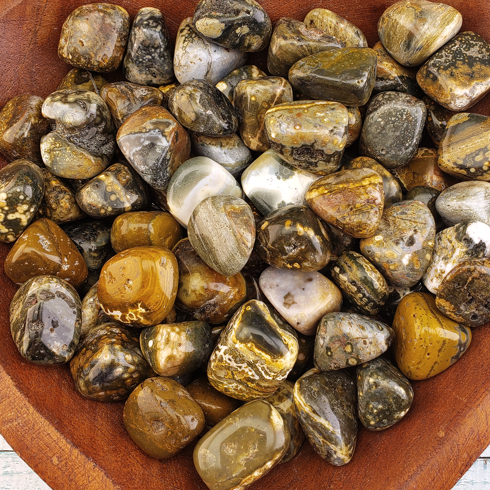 Ocean Jasper Natural Tumbled Stone - Rounded One Stone - Wooden Bowl Full of Orbicular Jasper Tumbled Crystals