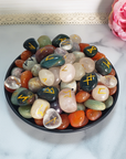 Natural Tumbled Stone Elder Futhark Runic Fortune - Divination Stones in Black Ceramic Bowl