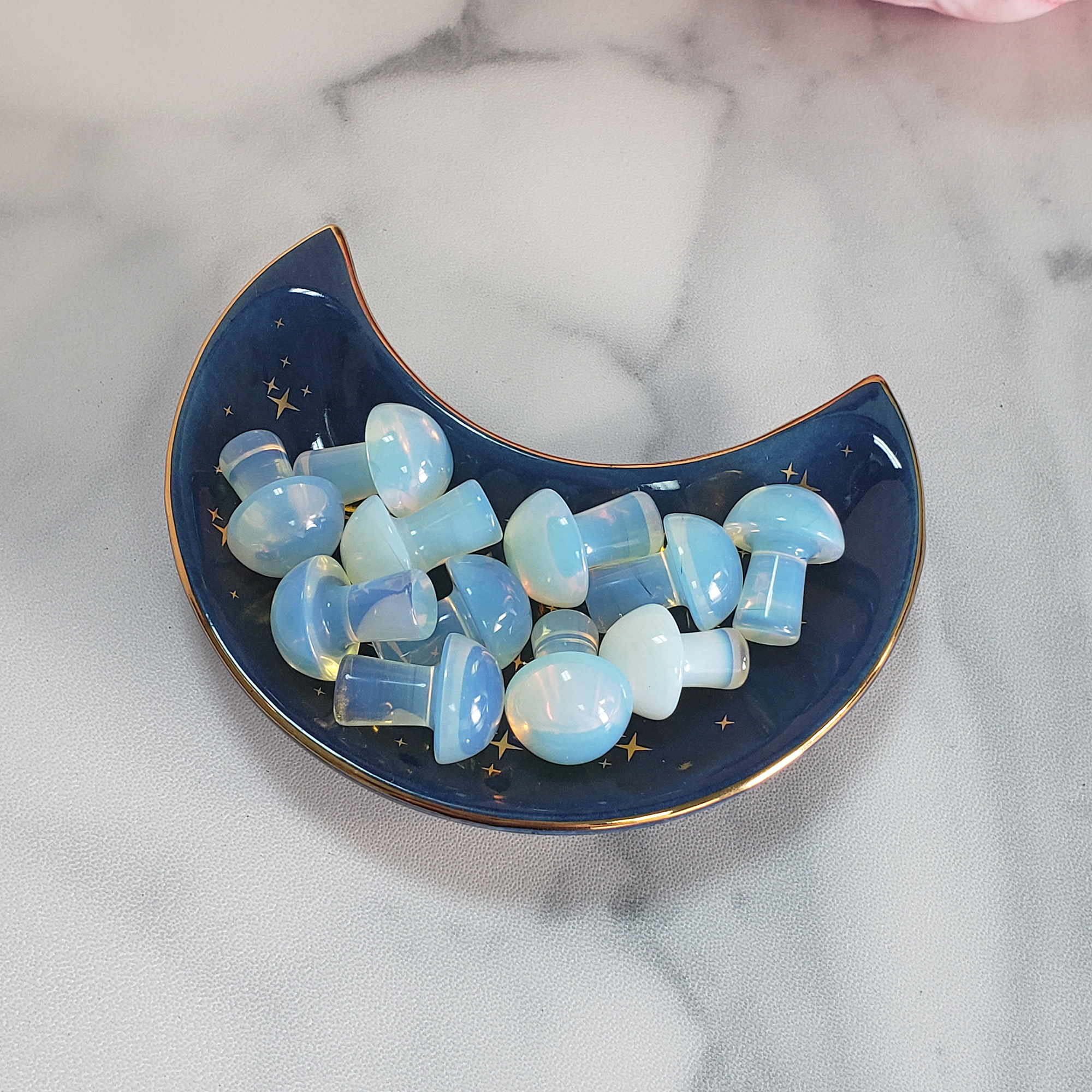 Opalite Crystal Manmade Gemstone Mushroom Toadstool Mini Carving - Mini Opalite Stone Shrooms in Jewelry Dish