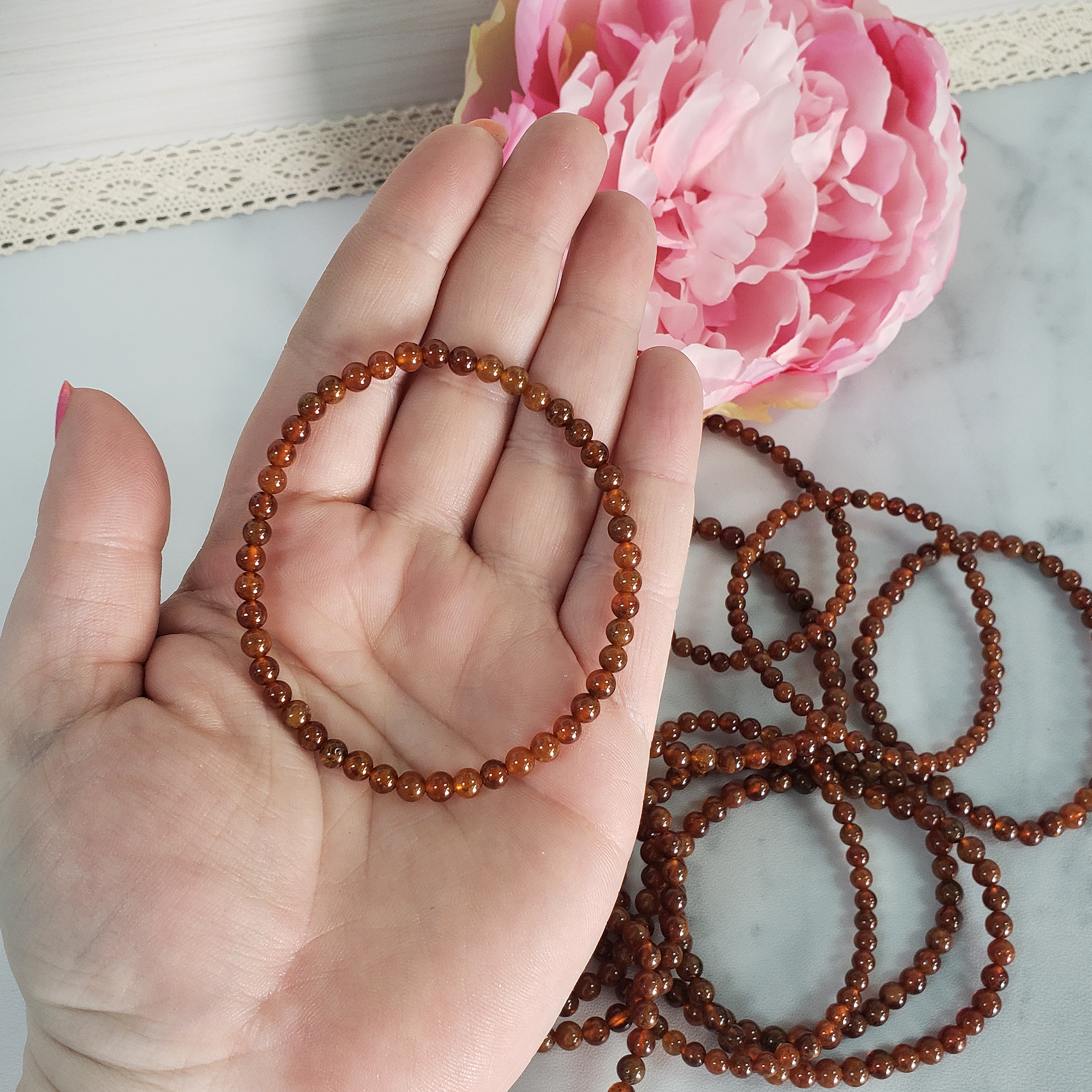 Orange Hessonite Garnet Crystal 4-6mm Natural Gemstone Bead Bracelet - in Hand