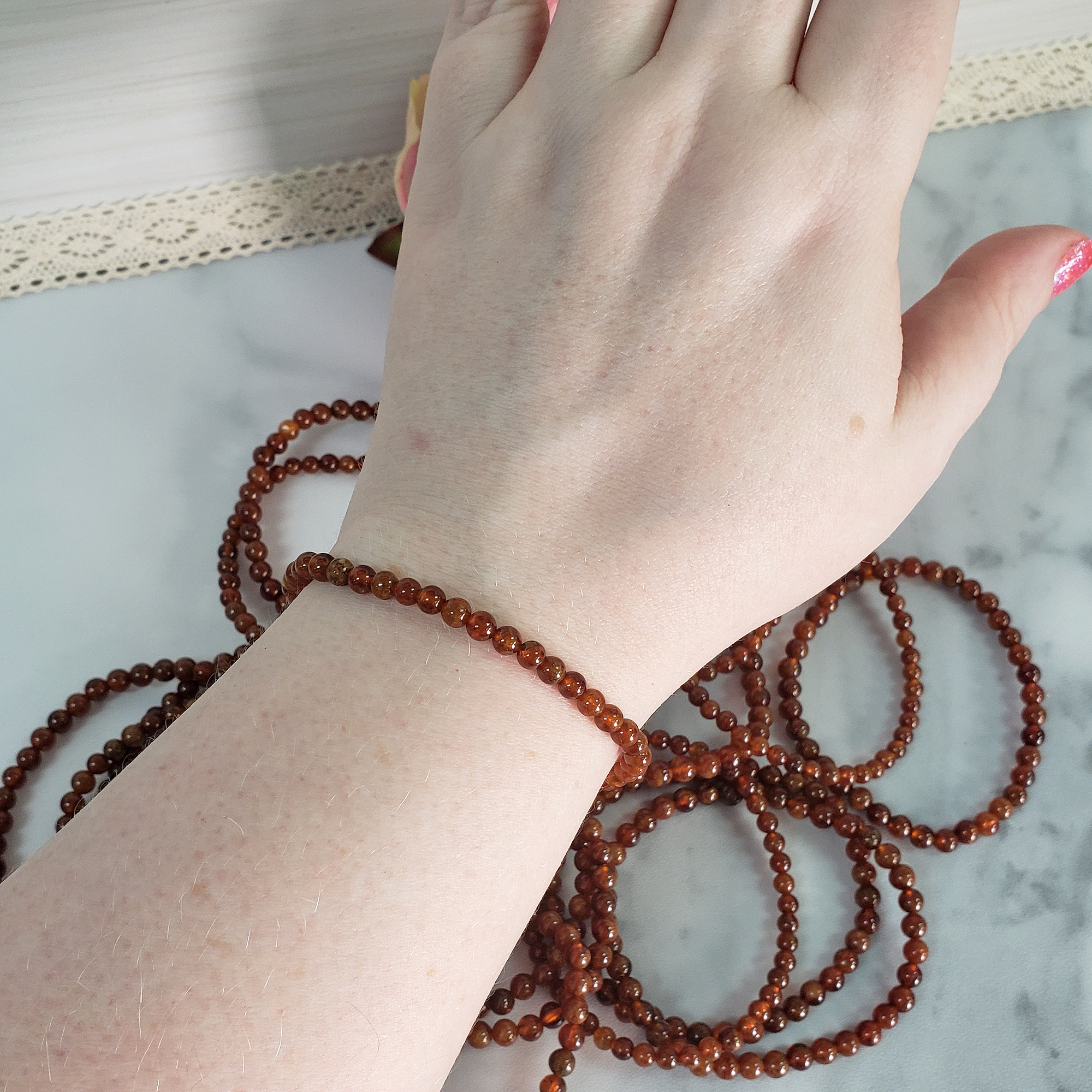 Orange Hessonite Garnet Crystal 4-6mm Natural Gemstone Bead Bracelet - On Wrist