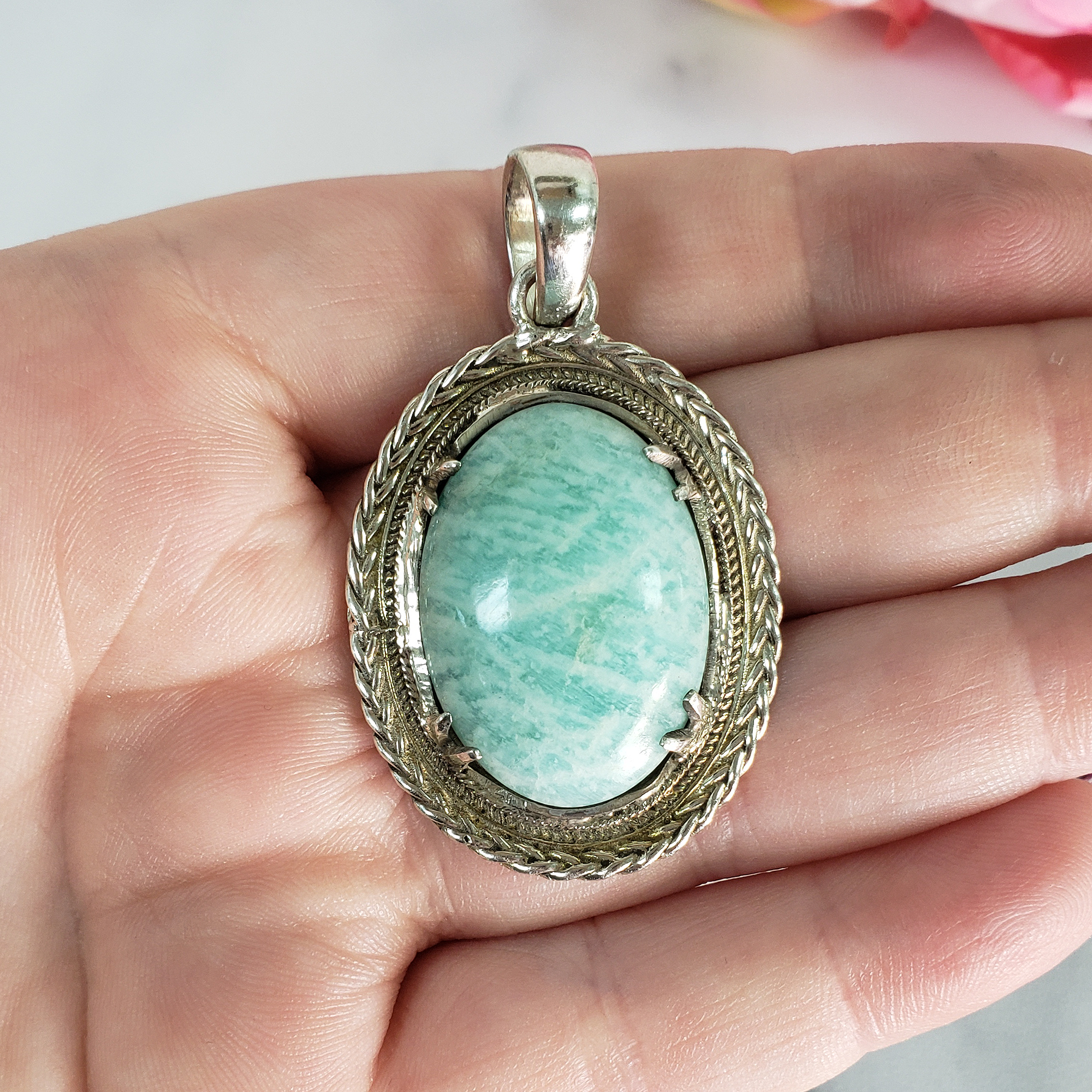 Unique Amazonite Crystal Natural Stone 925 Sterling Silver Pendant - Owen - 1