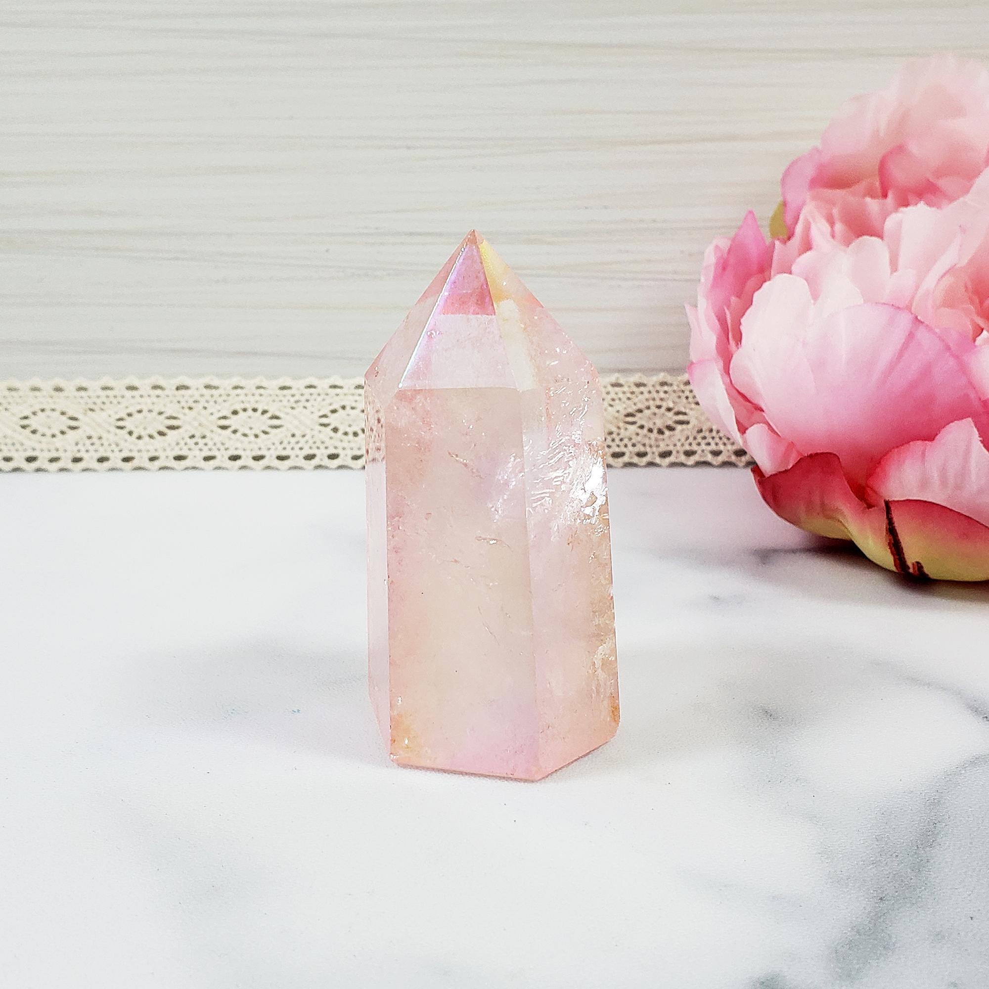 Unique Pink Aura Quartz Crystal Tower Rainbow Crystal Point - Pastel