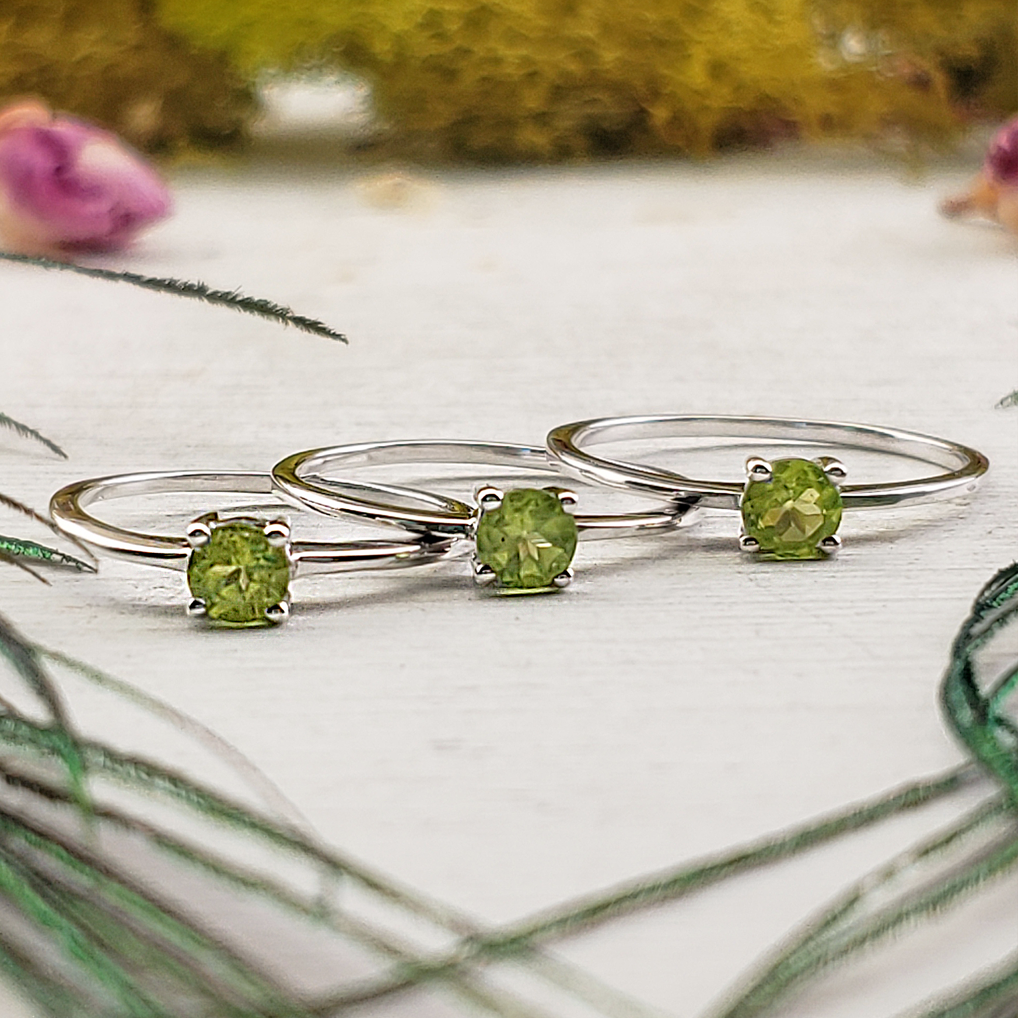 Peridot Stone Natural Crystal Sterling Silver Ring - Annabelle - Multiple Peridot Rings Together