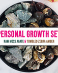 Personal Growth Crystal Set | Raw Moss Agate & Tumbled Zebra Amber
