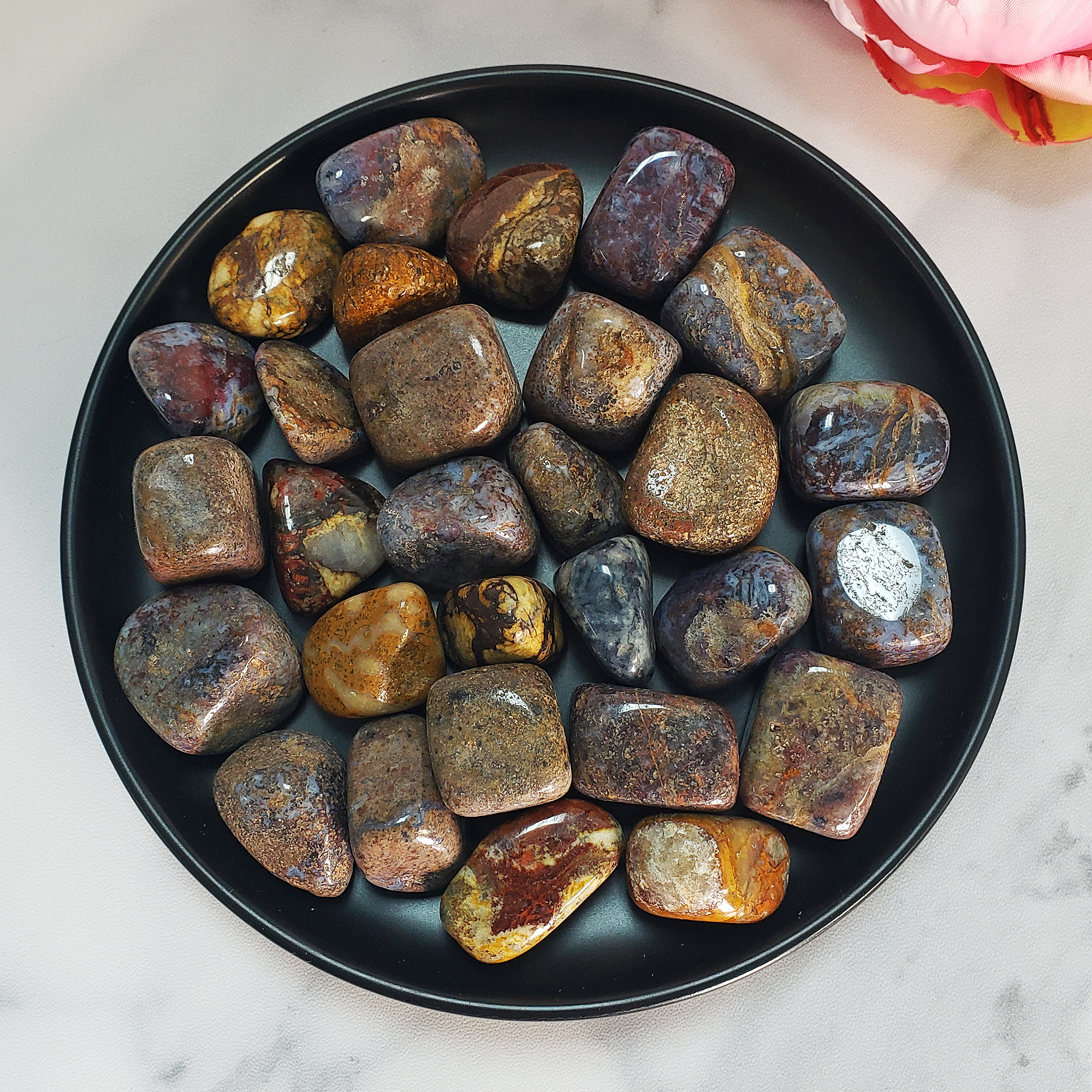 Pietersite Stone Natural Gemstone Semi-Tumbled Crystal - In Black Ceramic Dish