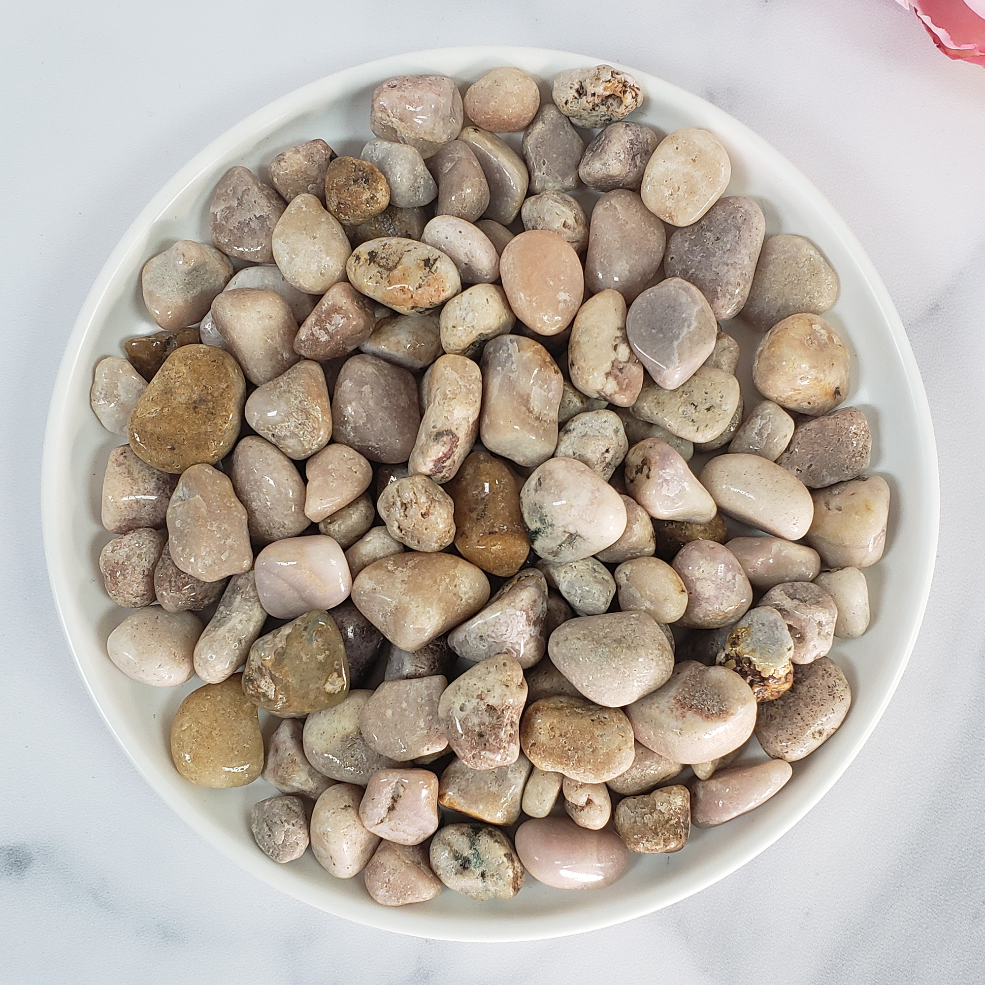 Pink Amethyst Crystal Pebbles Natural Tumbled Stones By the Ounce - in White Ceramic Plate