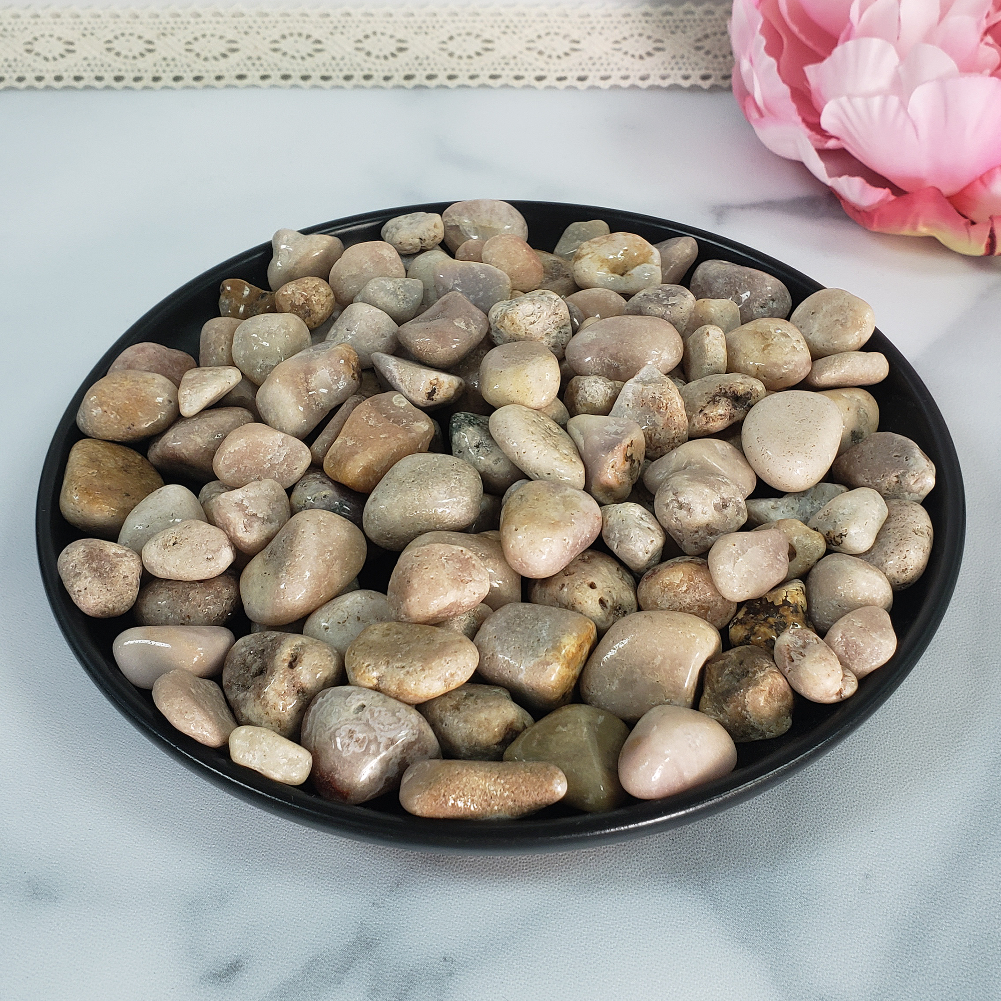 Pink Amethyst Crystal Pebbles Natural Tumbled Stones By the Ounce - Black Bowl