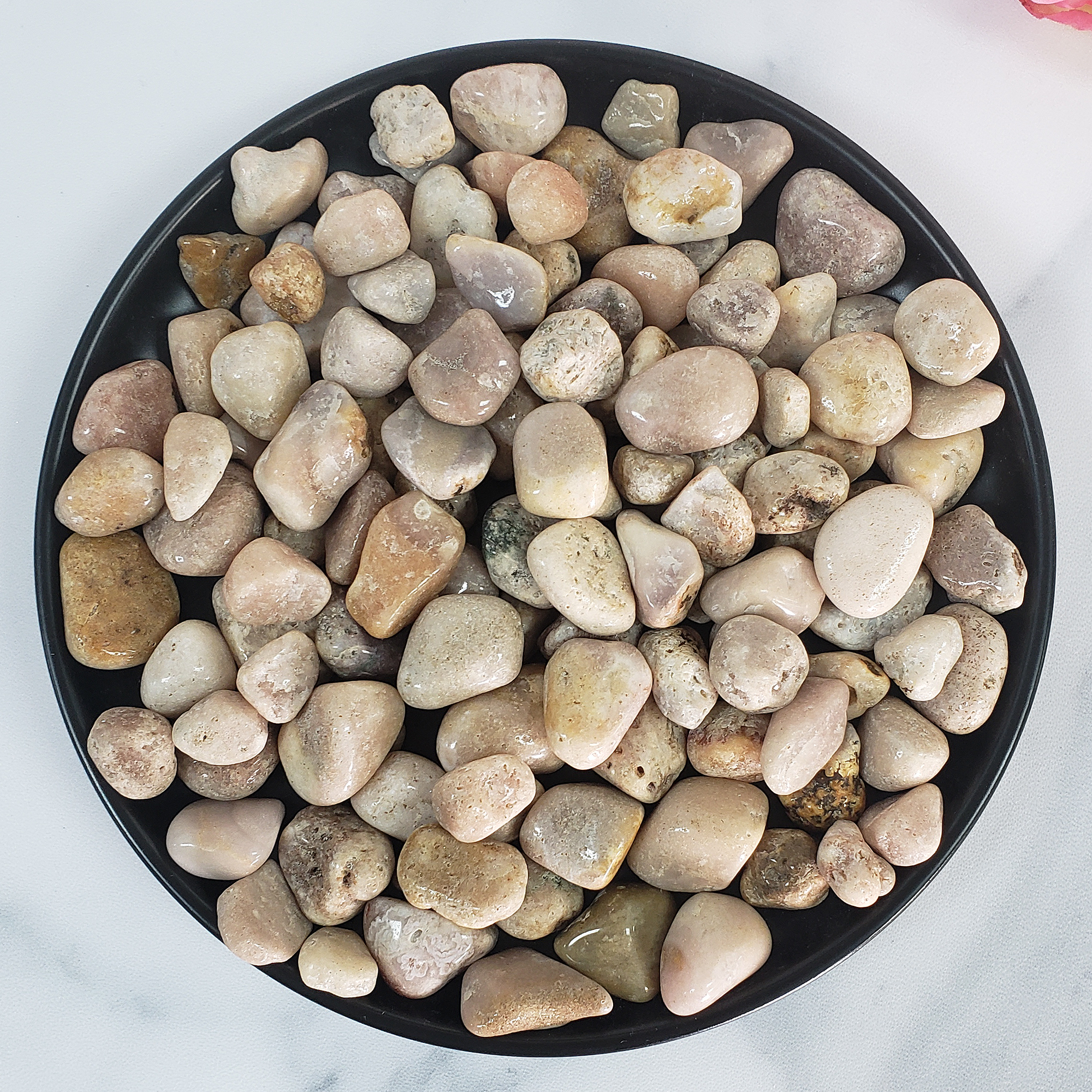 Pink Amethyst Crystal Pebbles Natural Tumbled Stones By the Ounce - in Black Ceramic DishPink Amethyst Crystal Pebbles Natural Tumbled Stones By the Ounce - in Black Bowl