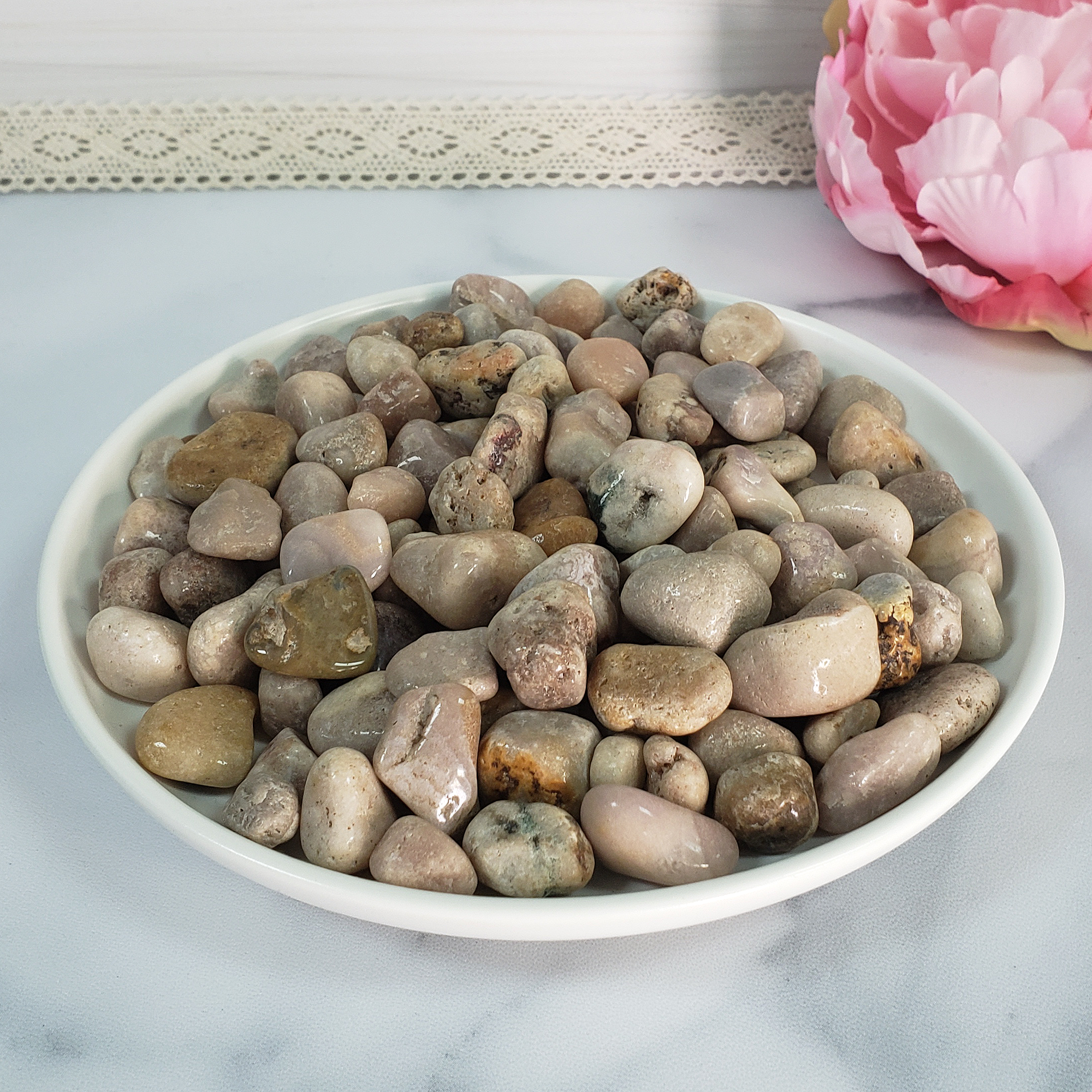 Pink Amethyst Crystal Pebbles Natural Tumbled Stones By the Ounce - White Bowl