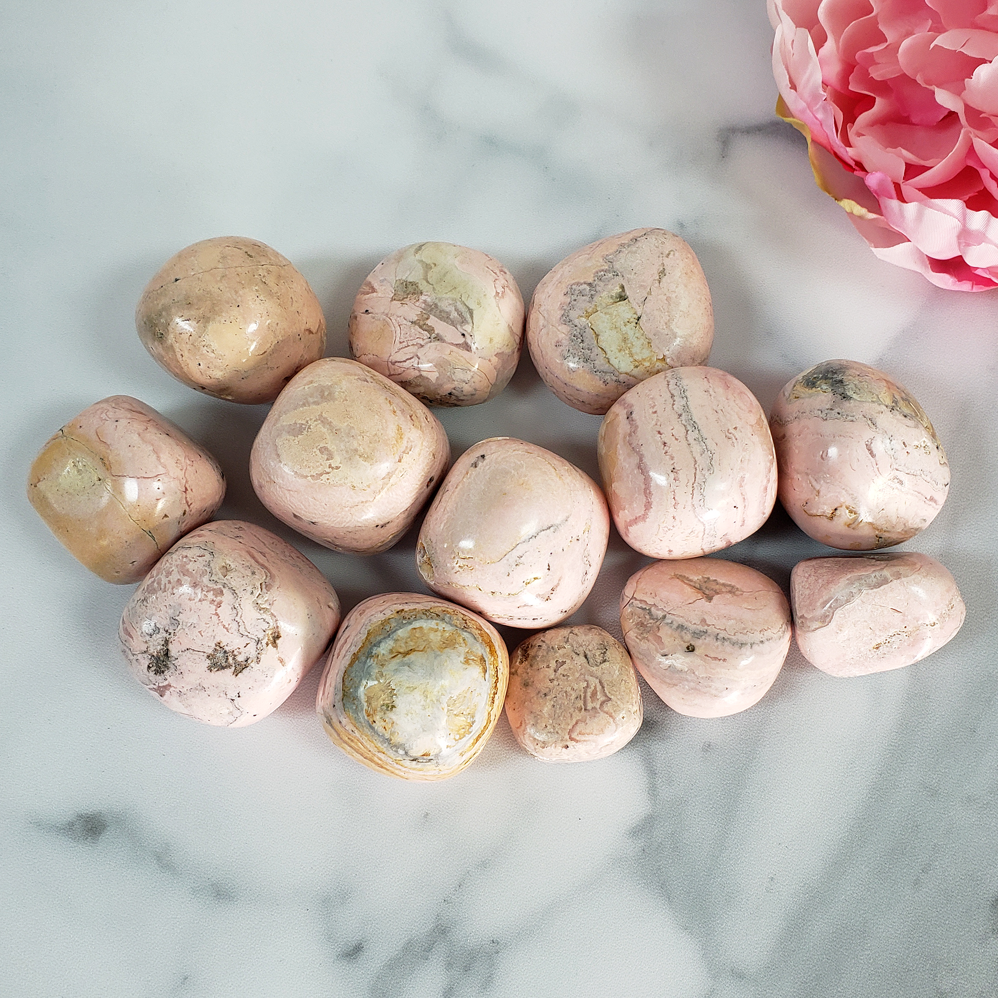 Pink Rhodochrosite Crystal Natural Gemstone Tumbled Stone | Multiple Sizes - Grouped on Tile