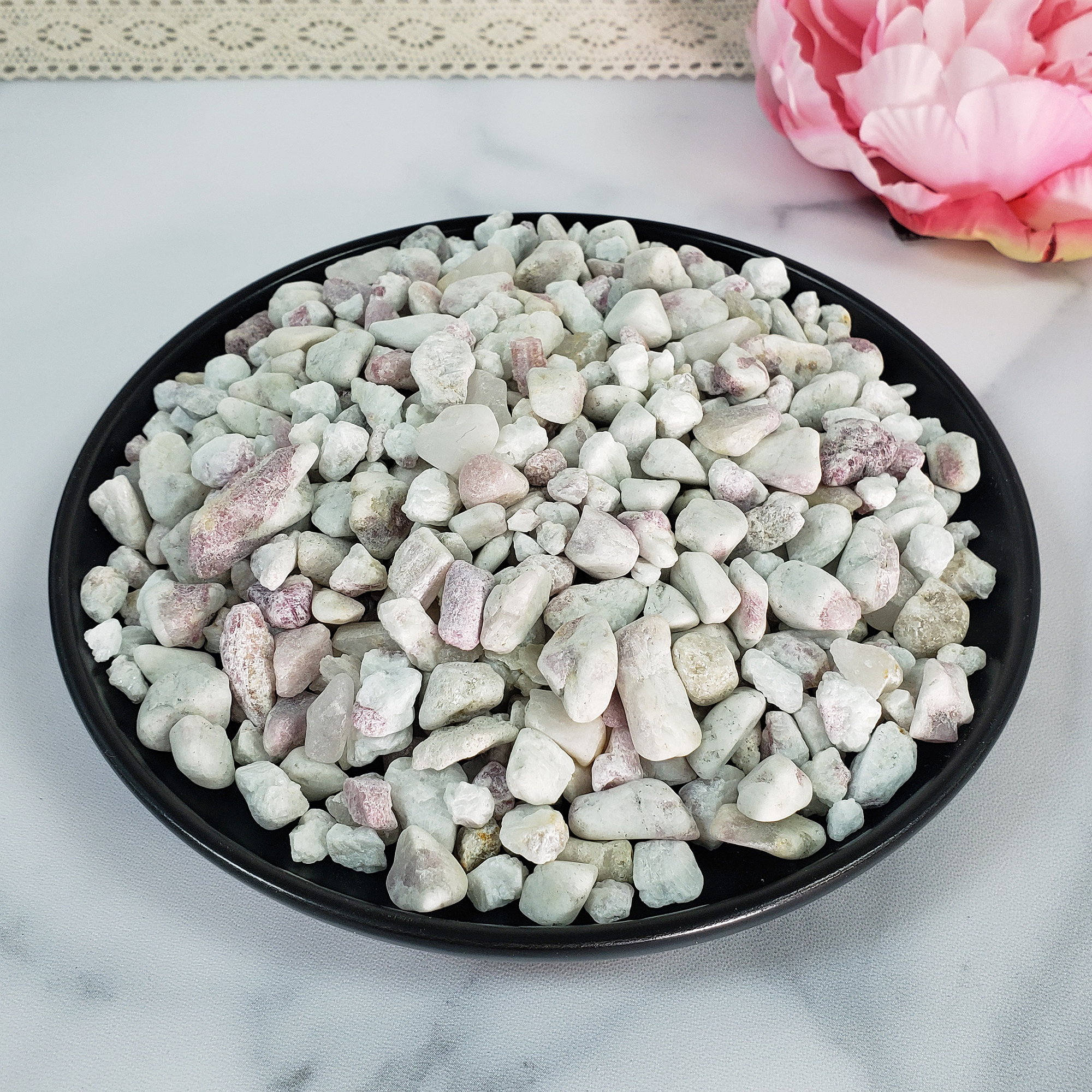 Rough Pink Tourmaline Rubellite in Quartz Crystal Natural Gemstone Chips By the Ounce - in Black Ceramic Plate