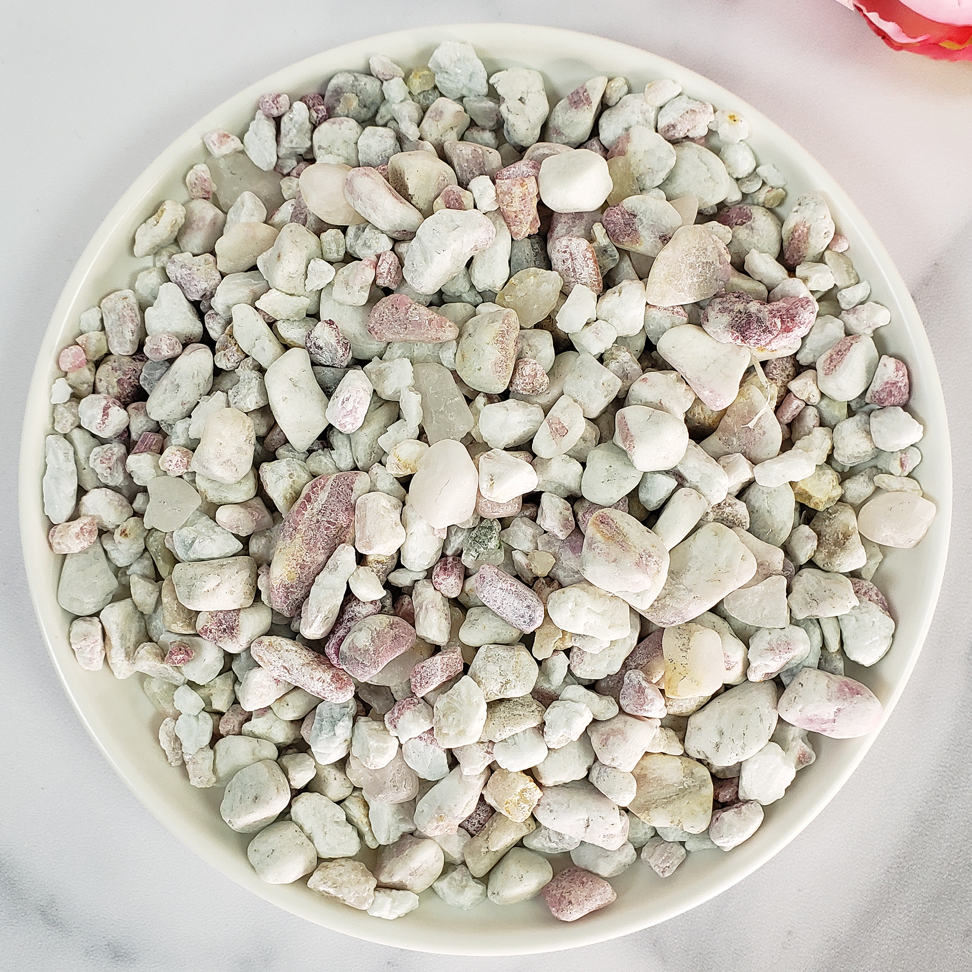 Rough Pink Tourmaline Rubellite in Quartz Crystal Natural Gemstone Chips By the Ounce - in White Bowl