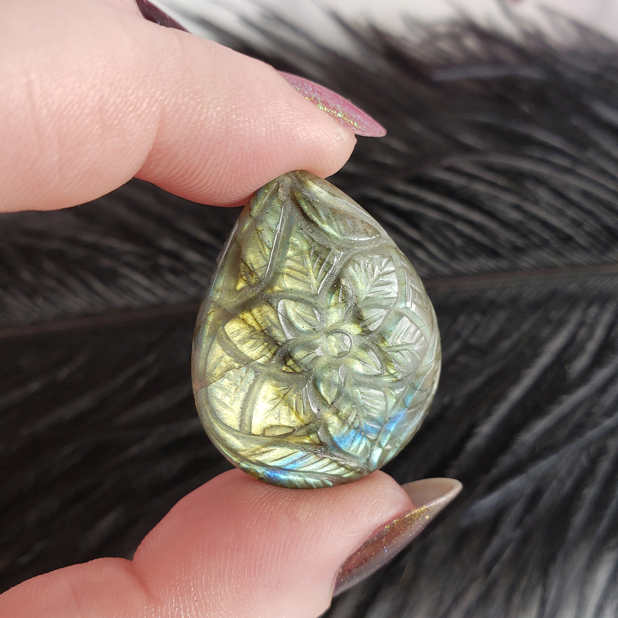 Unique 35 Carat Labradorite Cabochon Natural Gemstone Carving | Plumeria