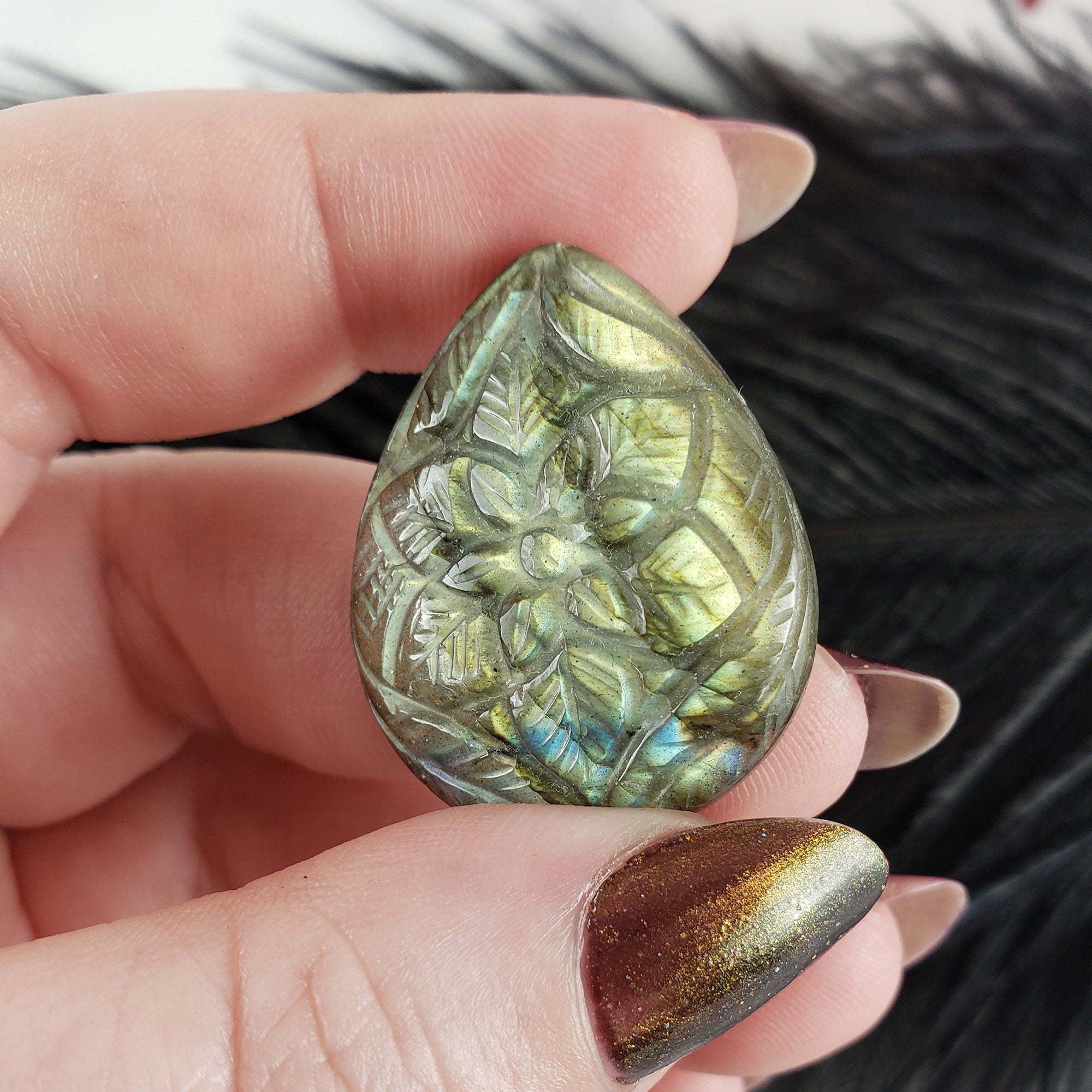 Unique 35 Carat Labradorite Cabochon Natural Gemstone Carving | Plumeria - 3