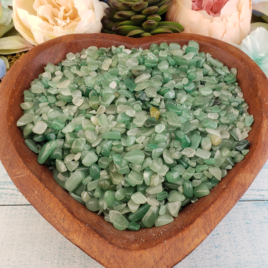 Green Aventurine Polished Gemstone Chips - By the Ounce - Gemstone Chips in Wooden Bowl