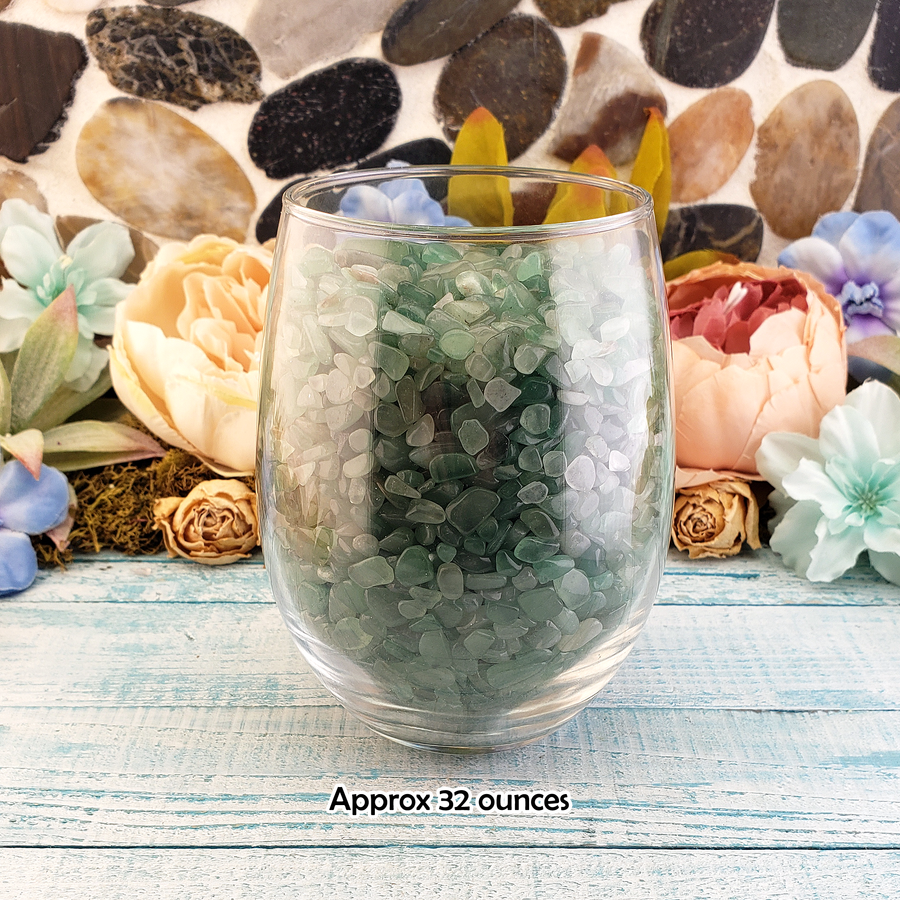 Green Aventurine Polished Gemstone Chips - By the Ounce - 32 Ounces of Gemstone Chips in Glass Cup
