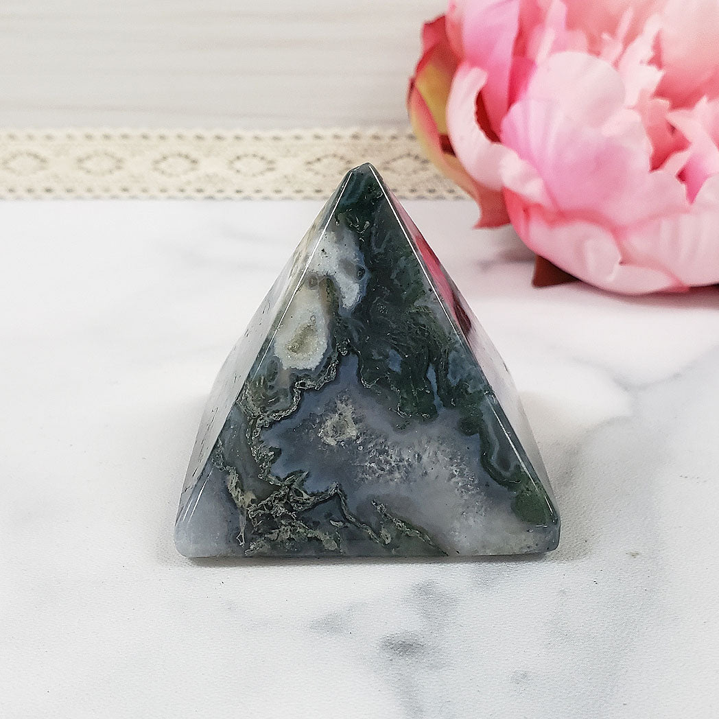 Unique Moss Agate Stone Natural Crystal Pyramid | 2 Inch Base | Prosperity - 3