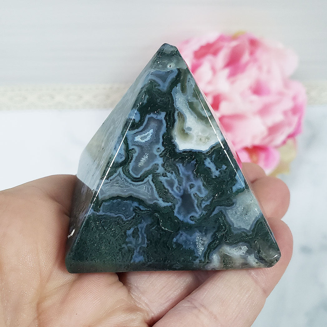 Unique Moss Agate Stone Natural Crystal Pyramid | 2 Inch Base | Prosperity - 6