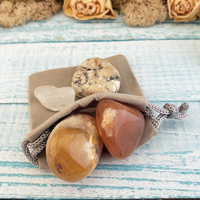 Psychic Power & Spiritual Healing Crystal Set  - Four Tumbled Stones with Pouch - Aquamarine Opal Gold Quartz Petrified Wood