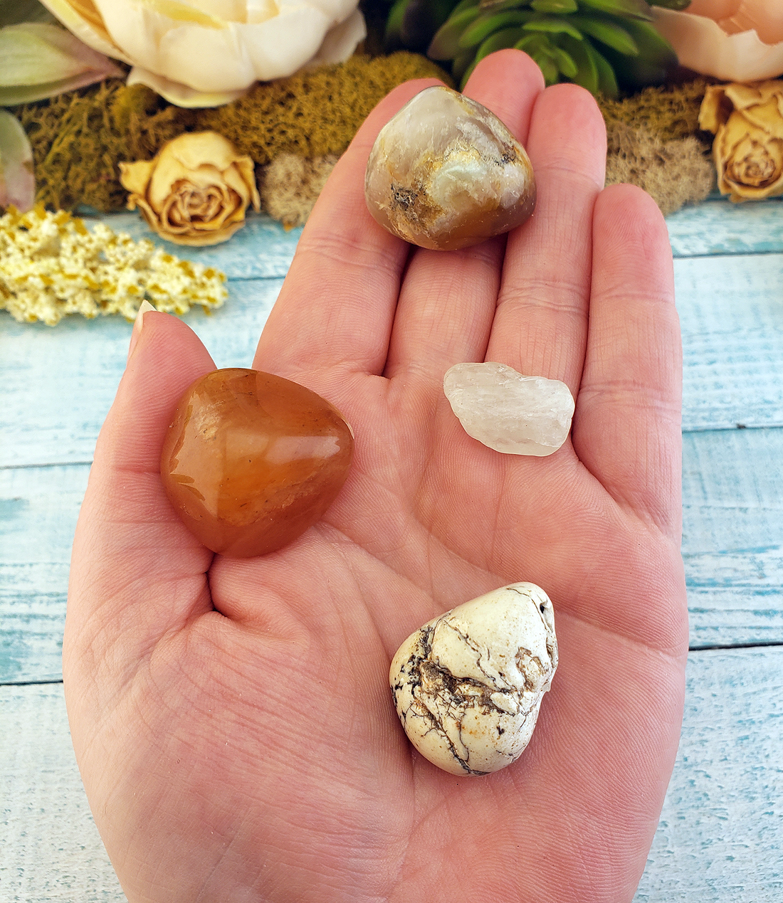 Psychic Power & Spiritual Healing Crystal Set  - Four Tumbled Stones with Pouch - Aquamarine Opal Gold Quartz