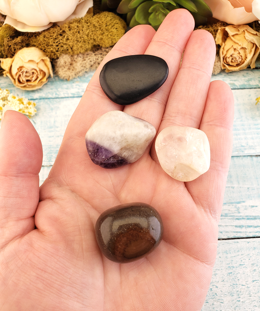 Psychic Protection - Set of Four Tumbled Stones with Pouch - Polished Crystals Gift Set