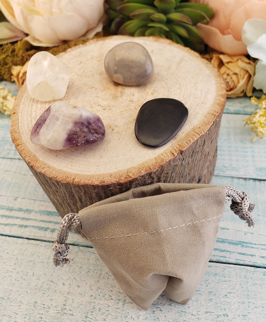 Psychic Protection - Set of Four Tumbled Stones with Pouch - Supernatural Protection