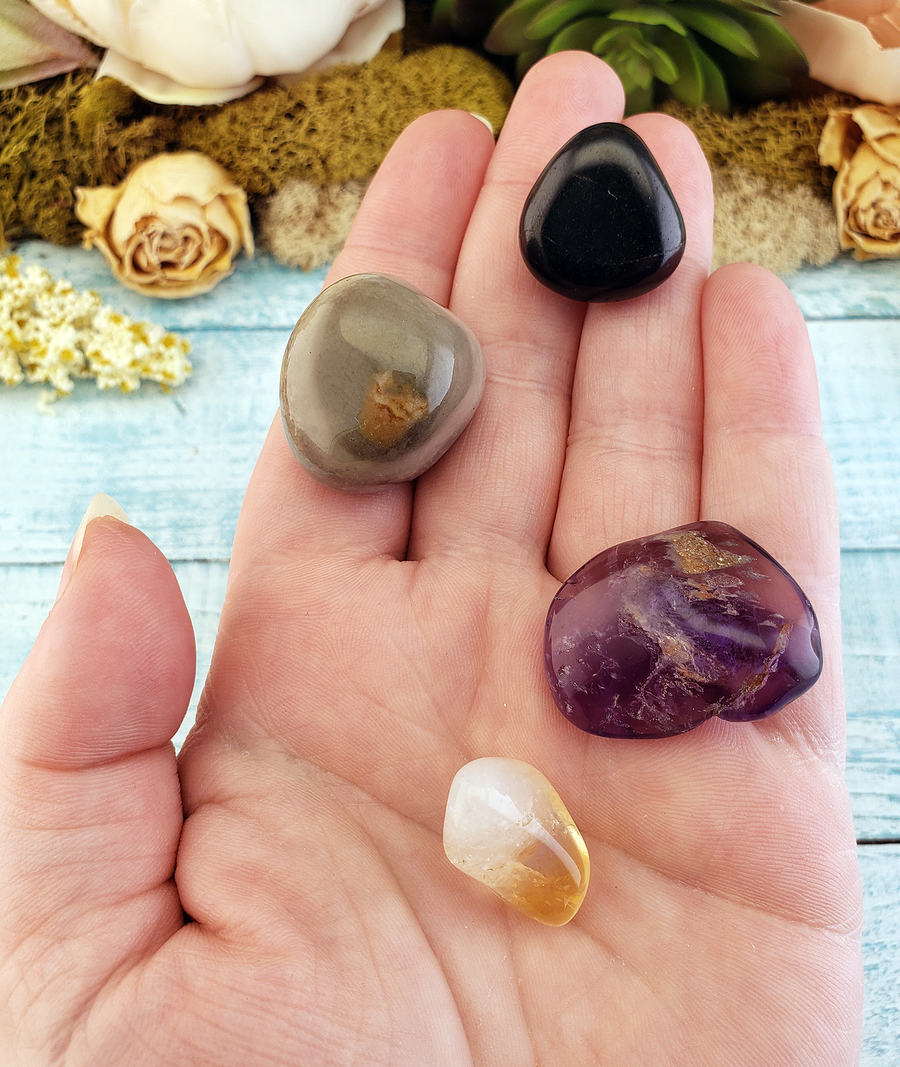 Psychic Protection - Set of Four Tumbled Stones with Pouch - Citrine Shungite Amethyst Jasper