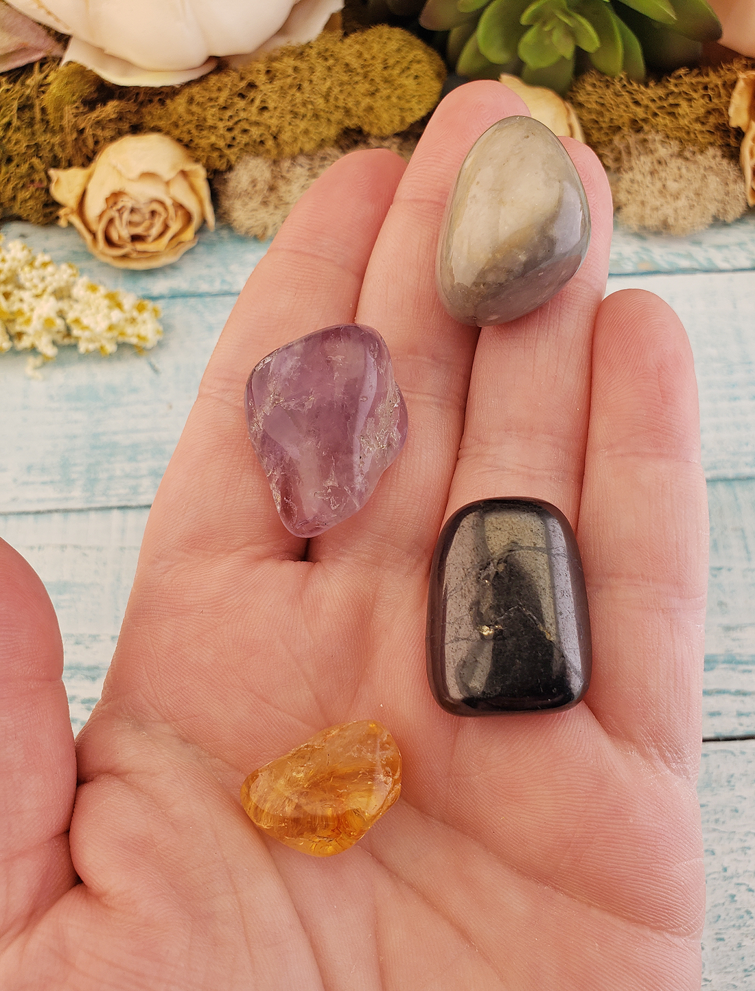 Psychic Protection - Set of Four Tumbled Stones with Pouch - Amethyst Shungite Citrine Jasper