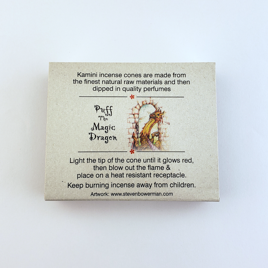 Puff the Magic Dragon Scented Kamini Incense Cones - Set of 10 Incense Cones - Back of Package