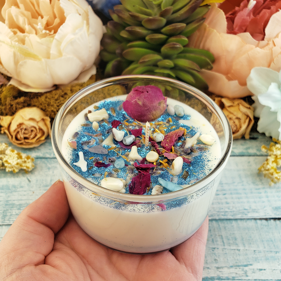 Pure Blessings - Coconut Soy Wax Handmade Scented Tumbler Candle - Scented with Rose Palo Santo Lime and Spearmint Essential Oils - Crystal Chips and Dried Herbs - Larimar Mother of Pearl and White Bamboo Fossil Coral - Lavender and Peony