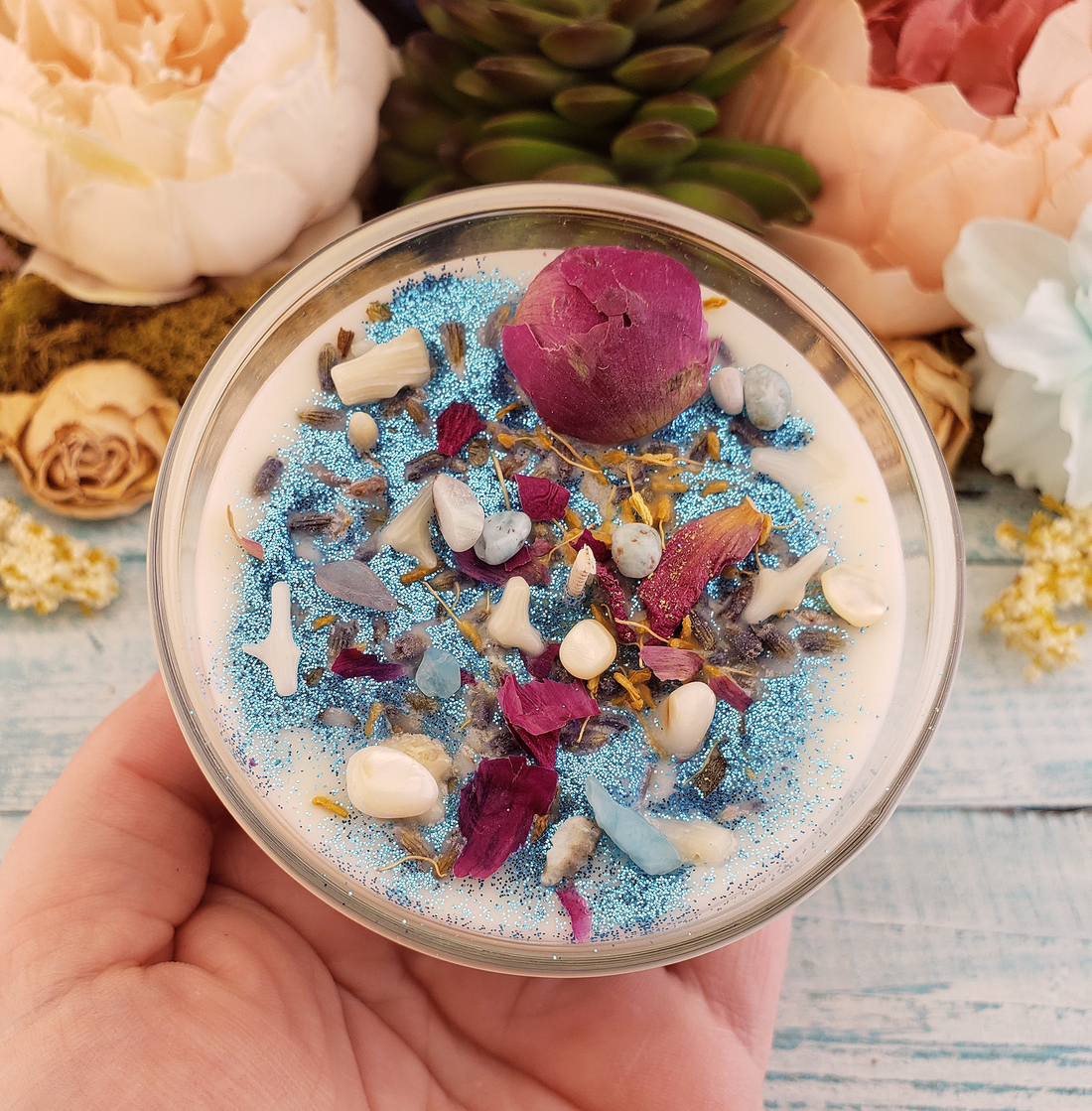 Pure Blessings - Coconut Soy Wax Handmade Scented Tumbler Candle - Scented with Essential Oils - Crystal Chips and Dried Herbs