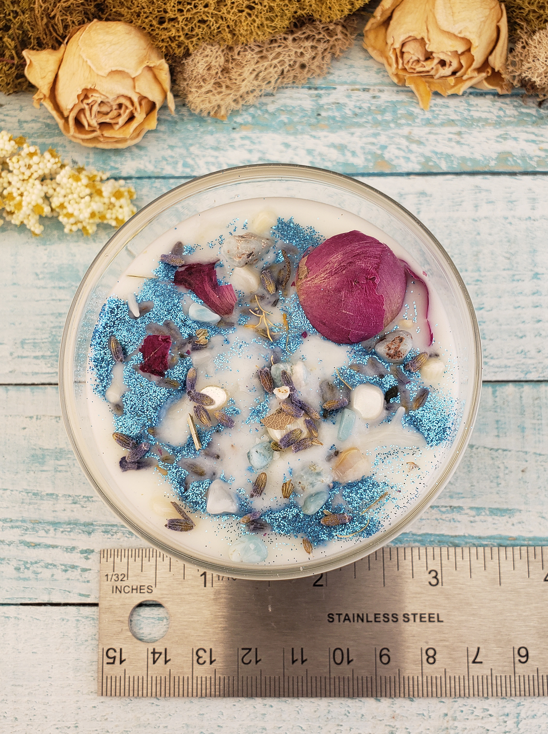 Pure Blessings - Coconut Soy Wax Handmade Scented Tumbler Candle - Scented with Essential Oils - Crystal Chips and Dried Herbs - Larimar Mother of Pearl and White Bamboo Fossil Coral