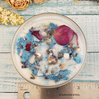 Pure Blessings - Coconut Soy Wax Handmade Scented Tumbler Candle - Scented with Essential Oils - Crystal Chips and Dried Herbs - Larimar Mother of Pearl and White Bamboo Fossil Coral